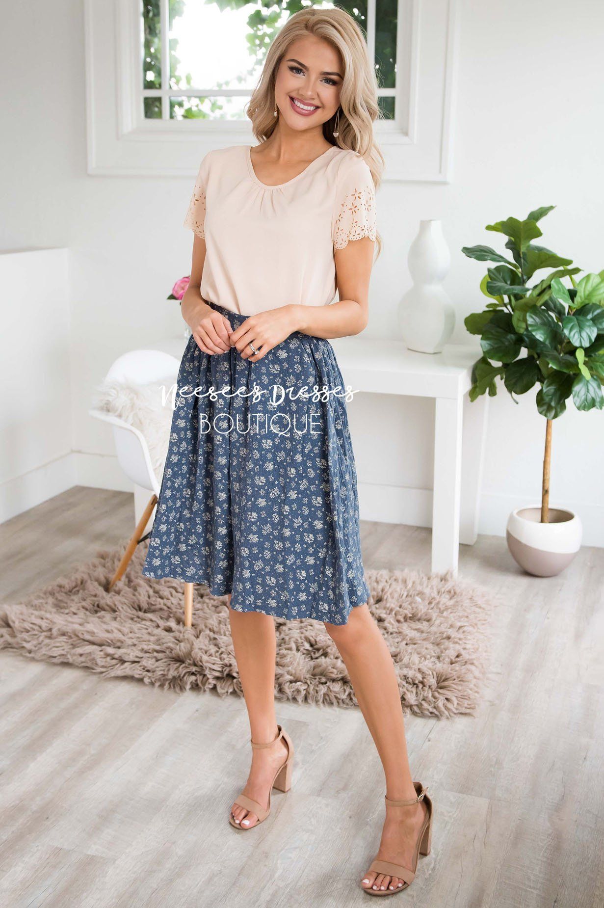 Slate Blue & Cream Textured Aline Skirt Skirts vendor-unknown