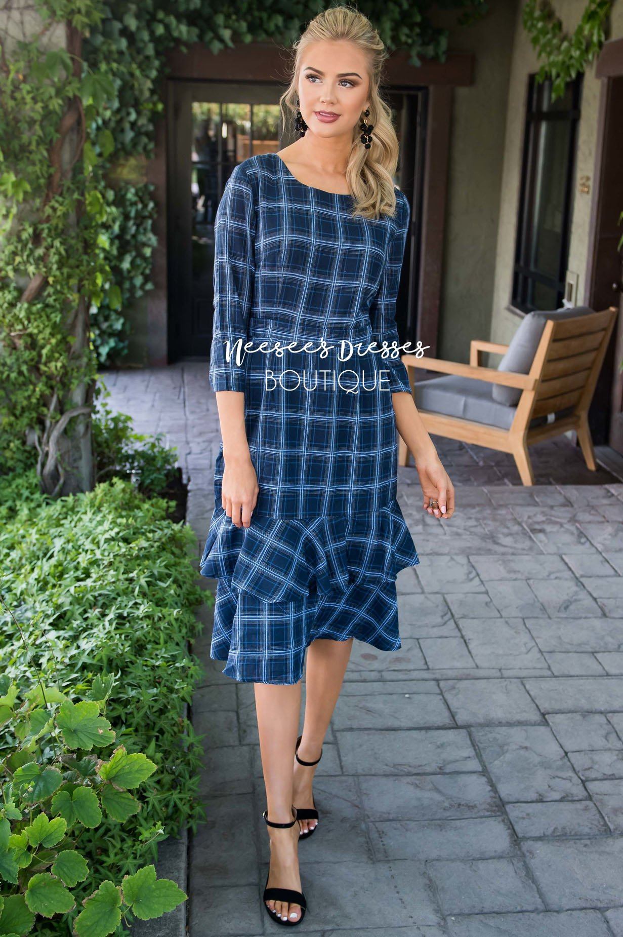 The Ayanna Modest Dresses vendor-unknown Navy Plaid S