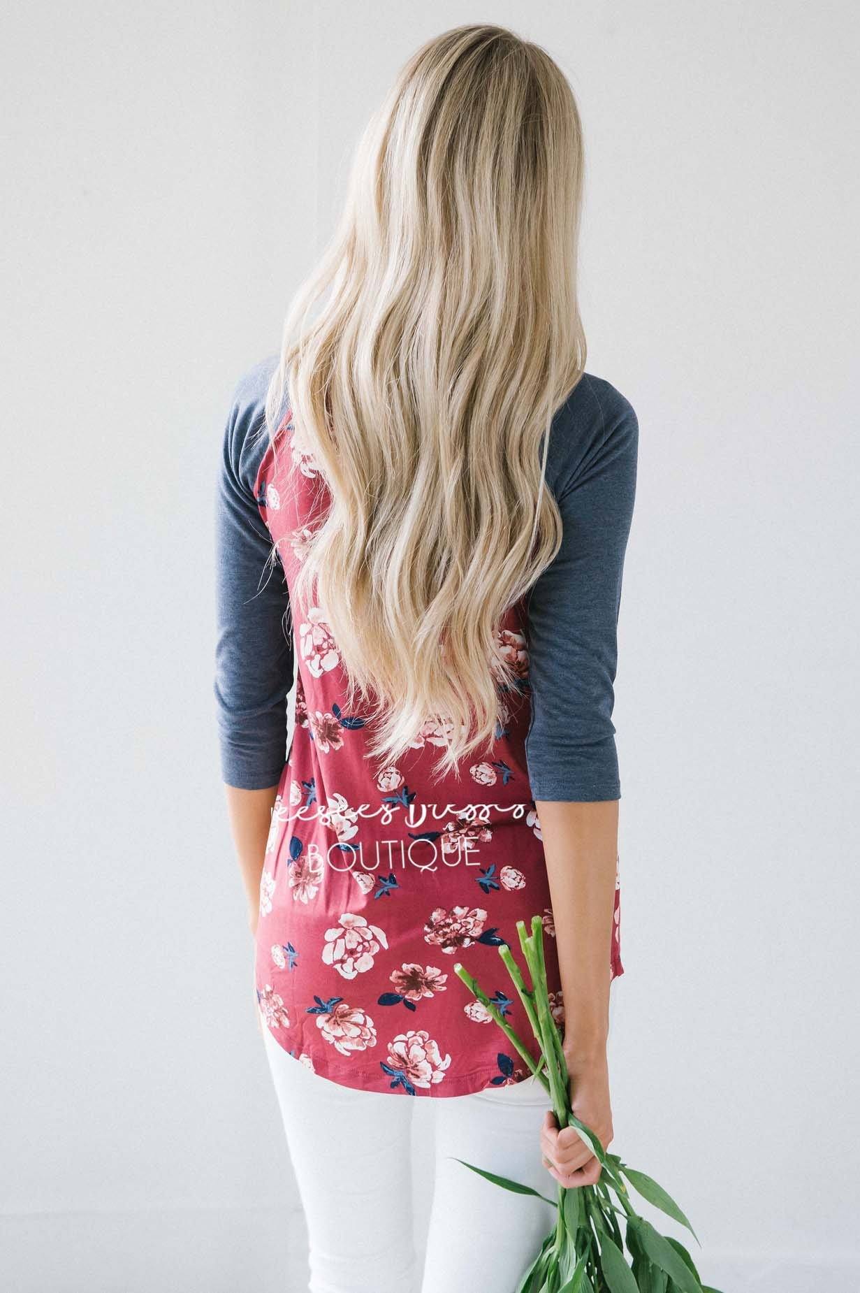 Wine Floral Navy Sleeve Baseball Tee Tops vendor-unknown