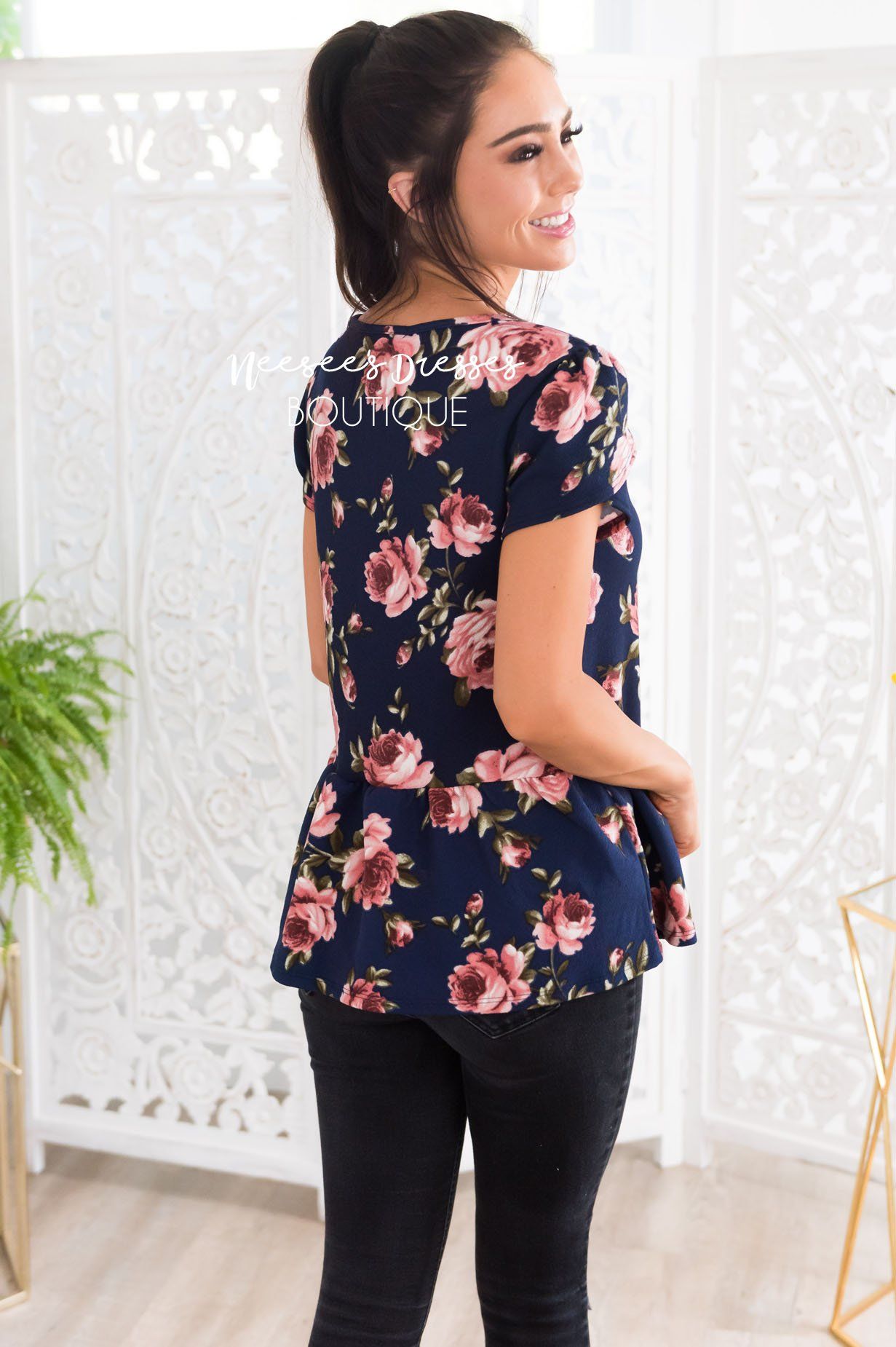 Navy Floral Peplum Top Tops vendor-unknown
