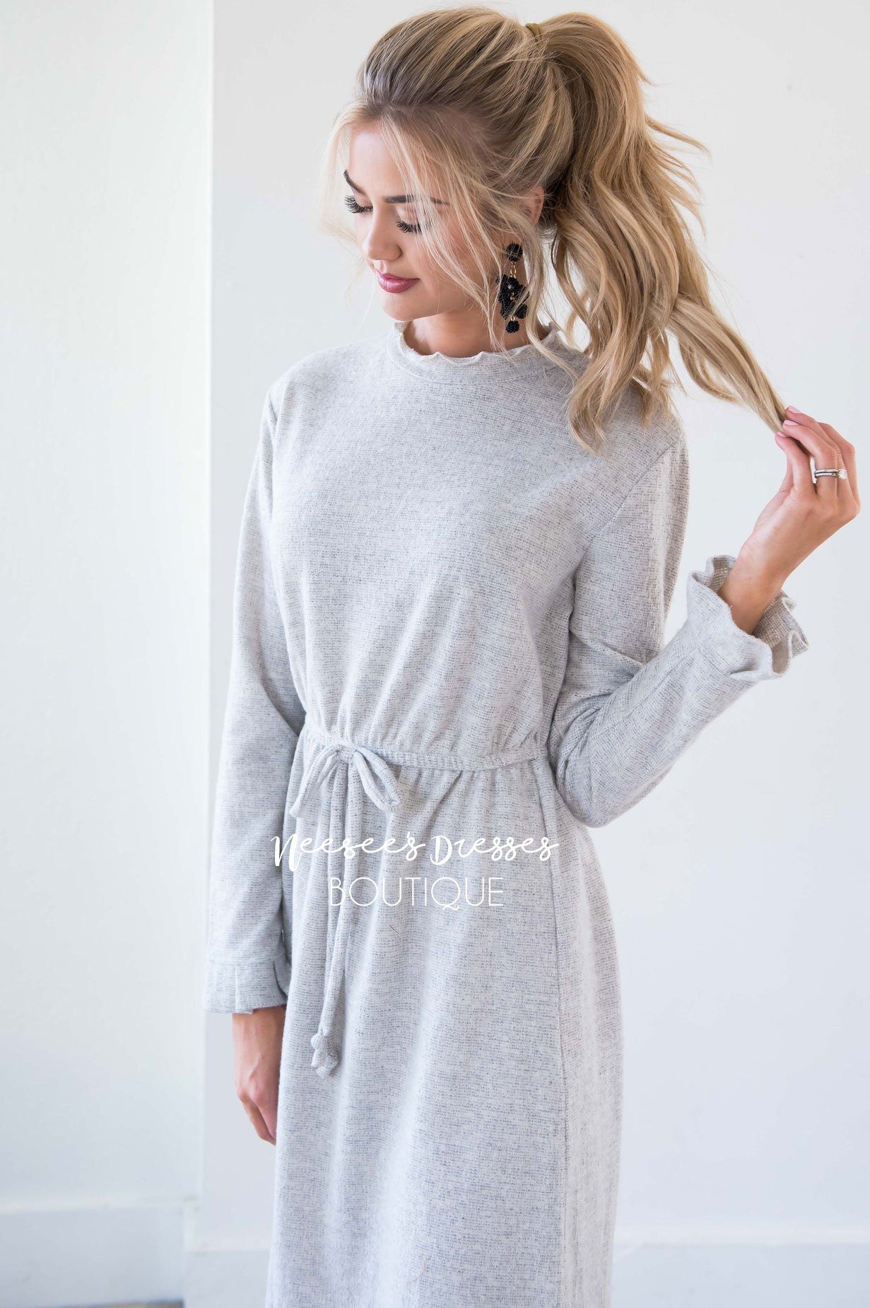 The Keely Ruffle Neckline & Wrists Sweater Dress Modest Dresses vendor-unknown