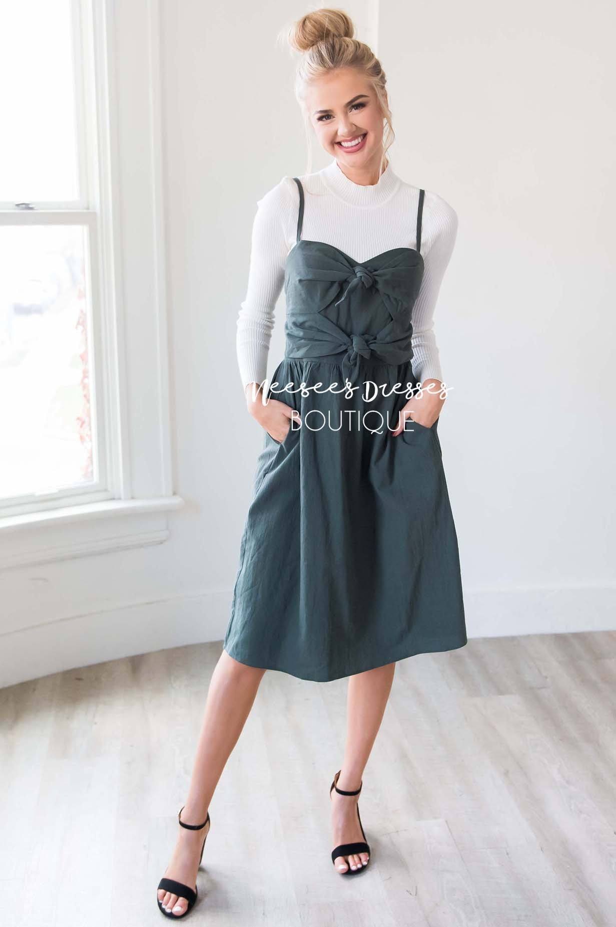 The Amelie Bow Detail Overall Dress Modest Dresses vendor-unknown