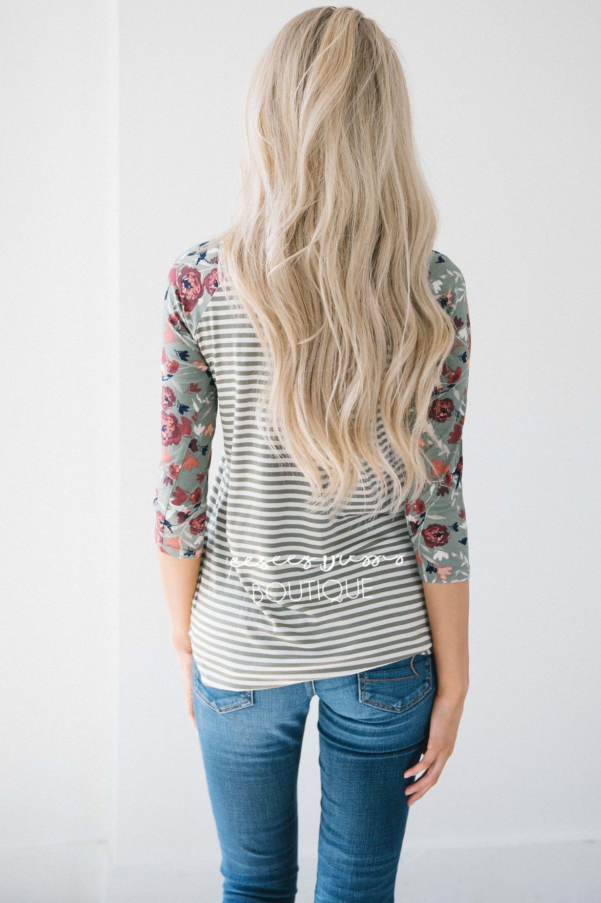 Olive Stripes Floral Sleeve Baseball Tee Tops vendor-unknown