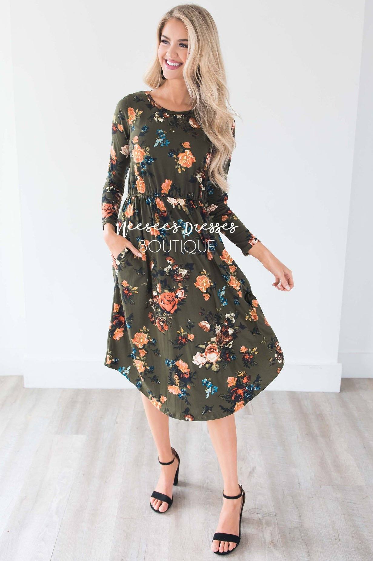 Olive In Bloom Long Sleeves Dress Modest Dresses vendor-unknown