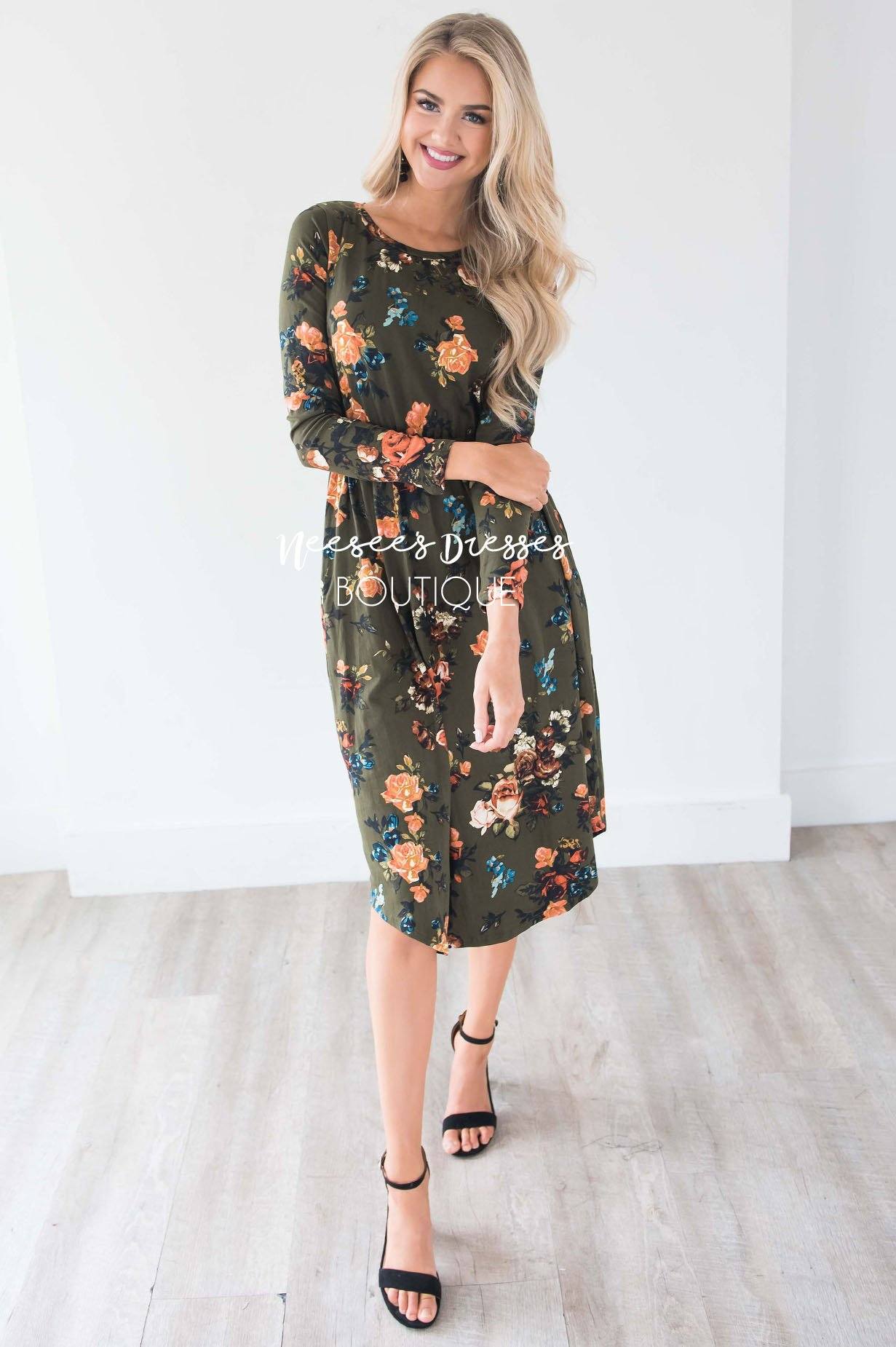 Olive In Bloom Long Sleeves Dress Modest Dresses vendor-unknown