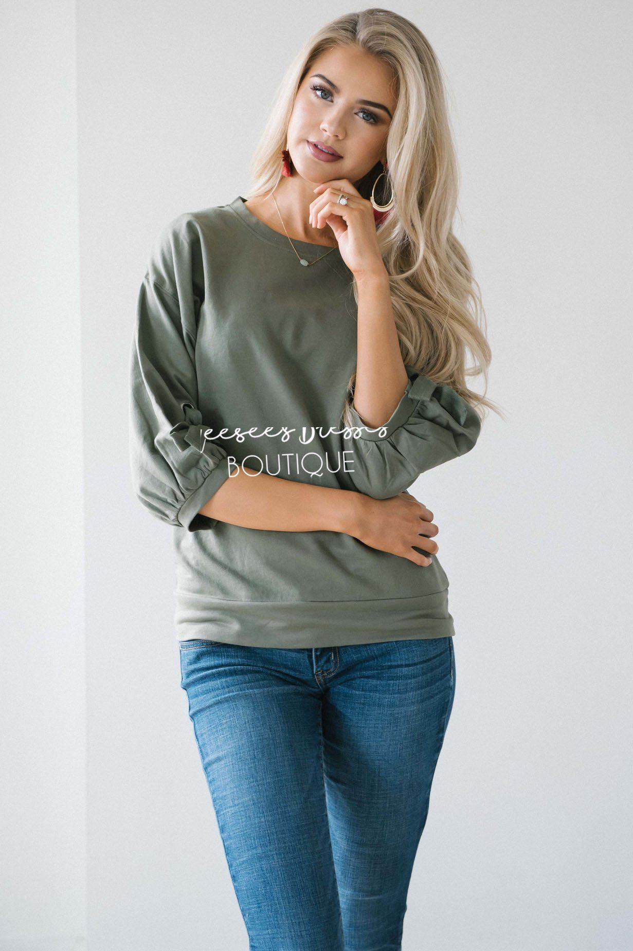 Gathered Tie Sleeve Sweatshirt Tops vendor-unknown