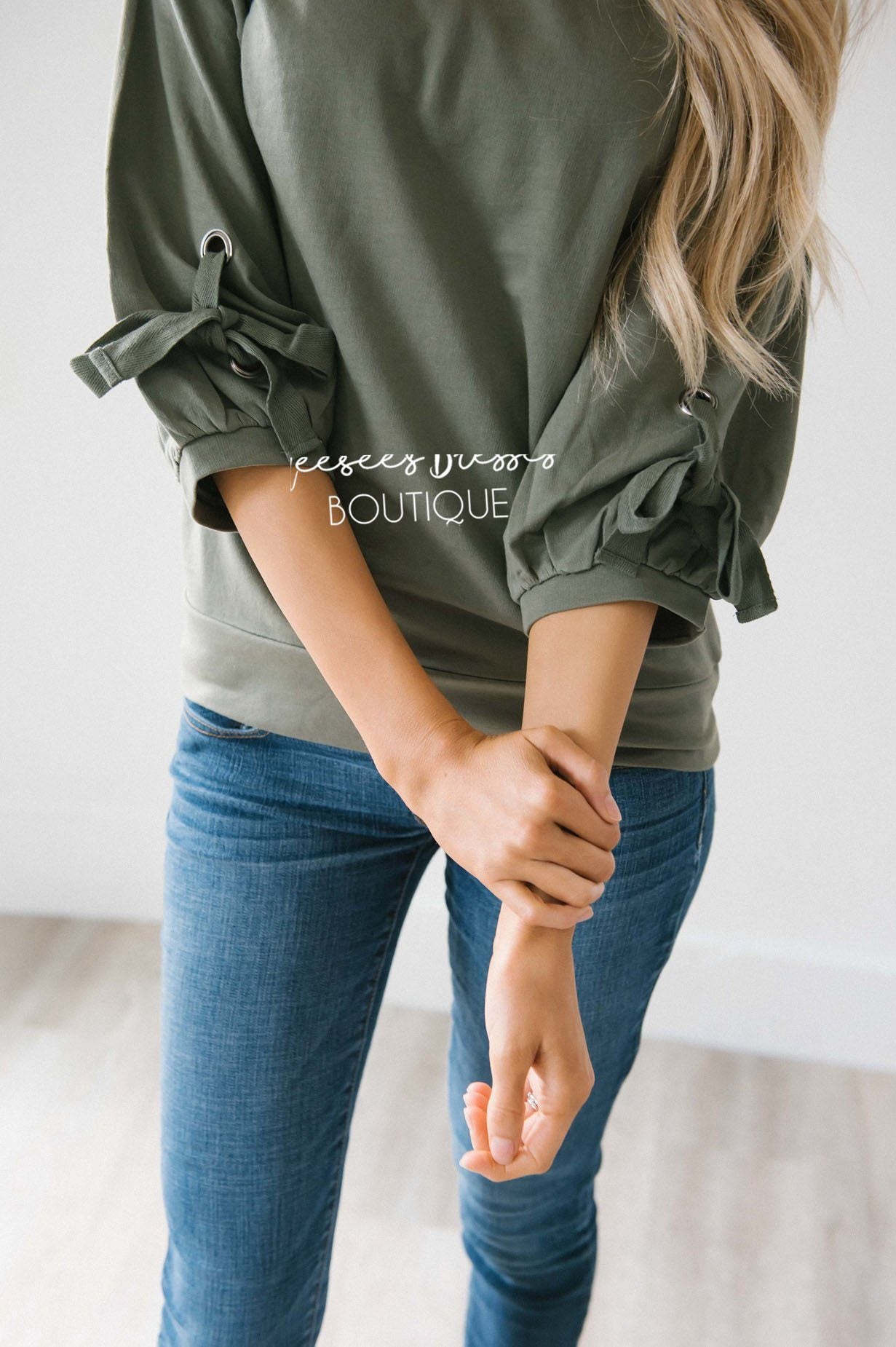 Gathered Tie Sleeve Sweatshirt Tops vendor-unknown