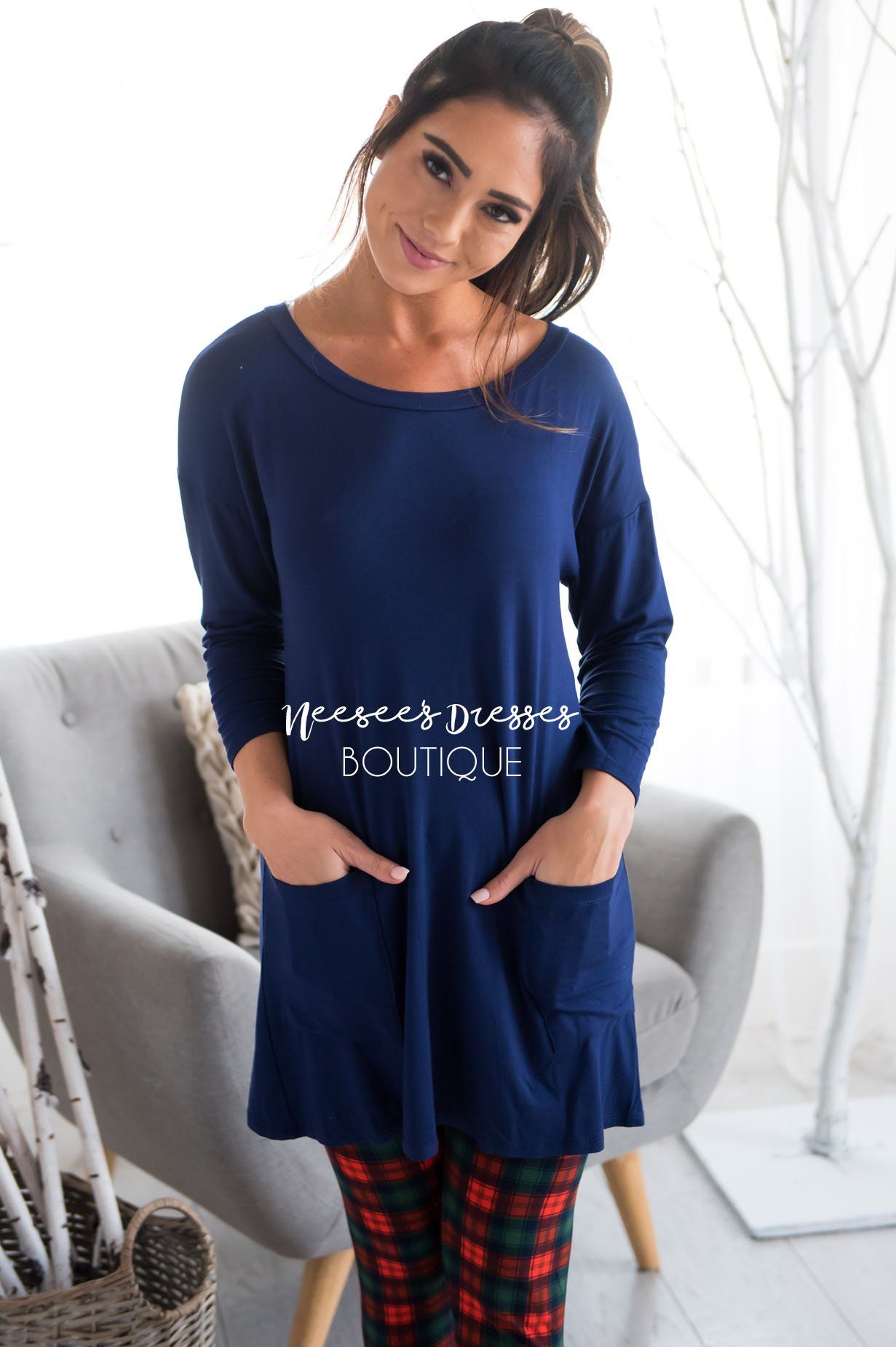 Button Back Pocket Tunic Modest Dresses vendor-unknown