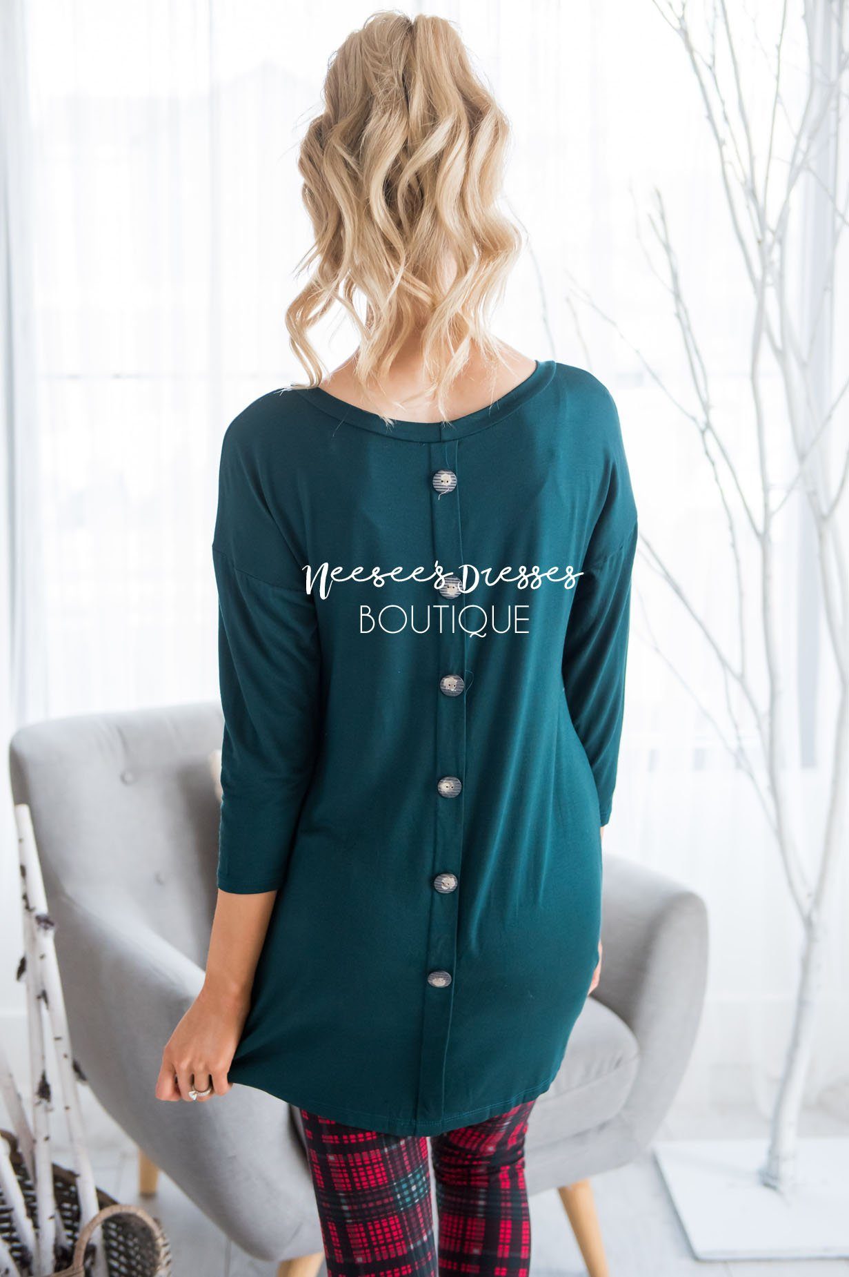 Button Back Pocket Tunic Modest Dresses vendor-unknown