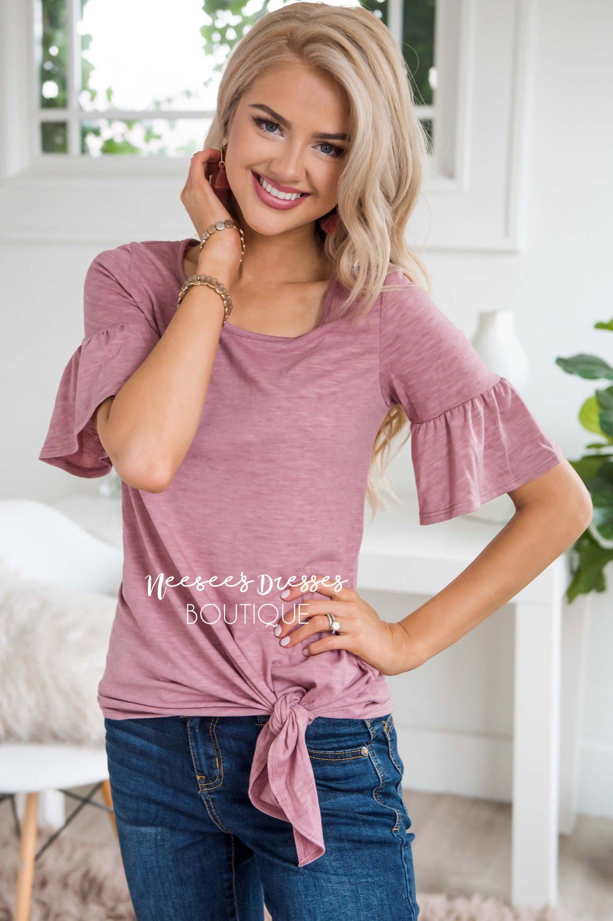 Cute Tie Bottom Bell Sleeve Top Tops vendor-unknown