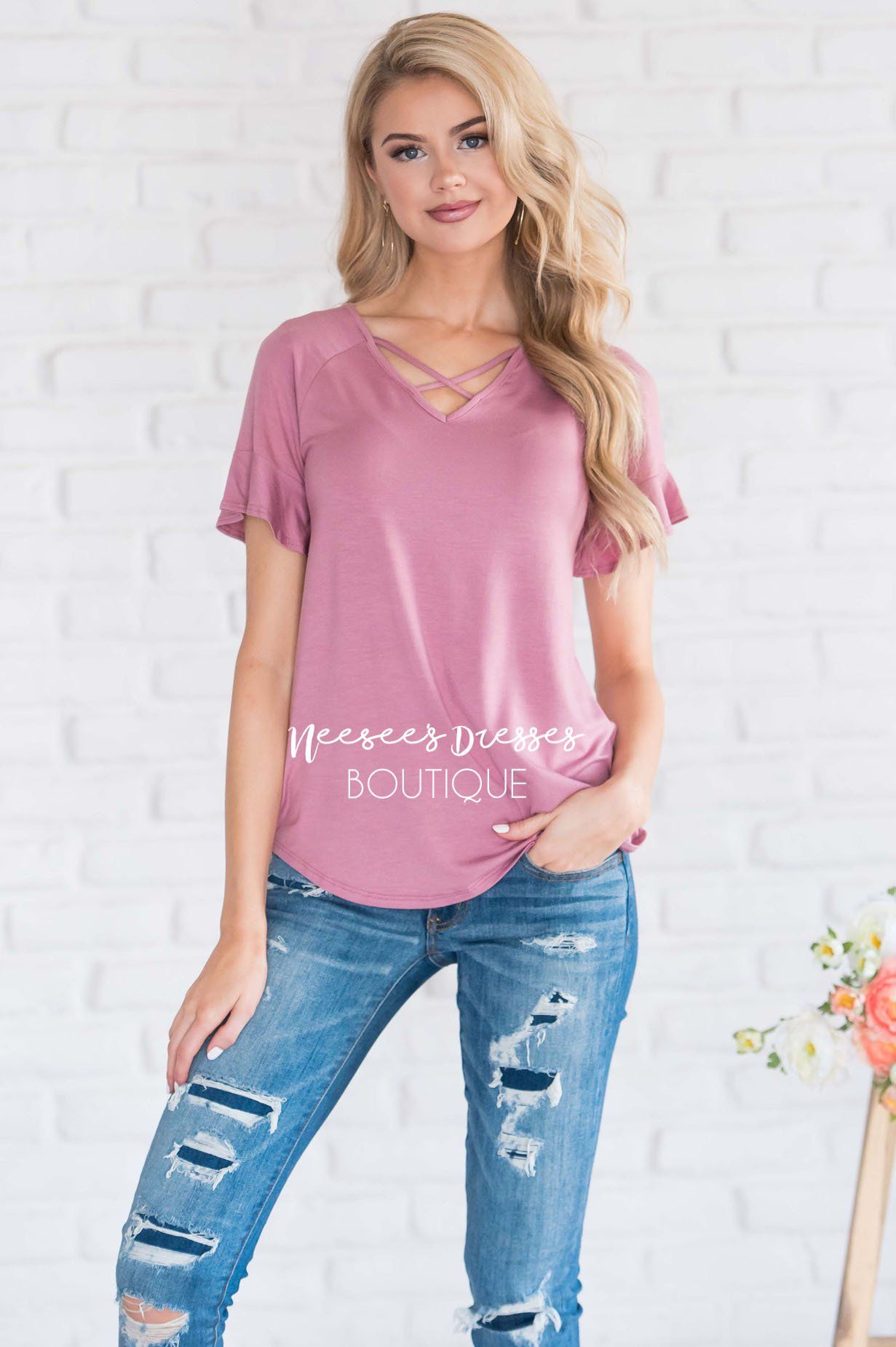 Criss Cross Flutter Sleeve Top Tops vendor-unknown