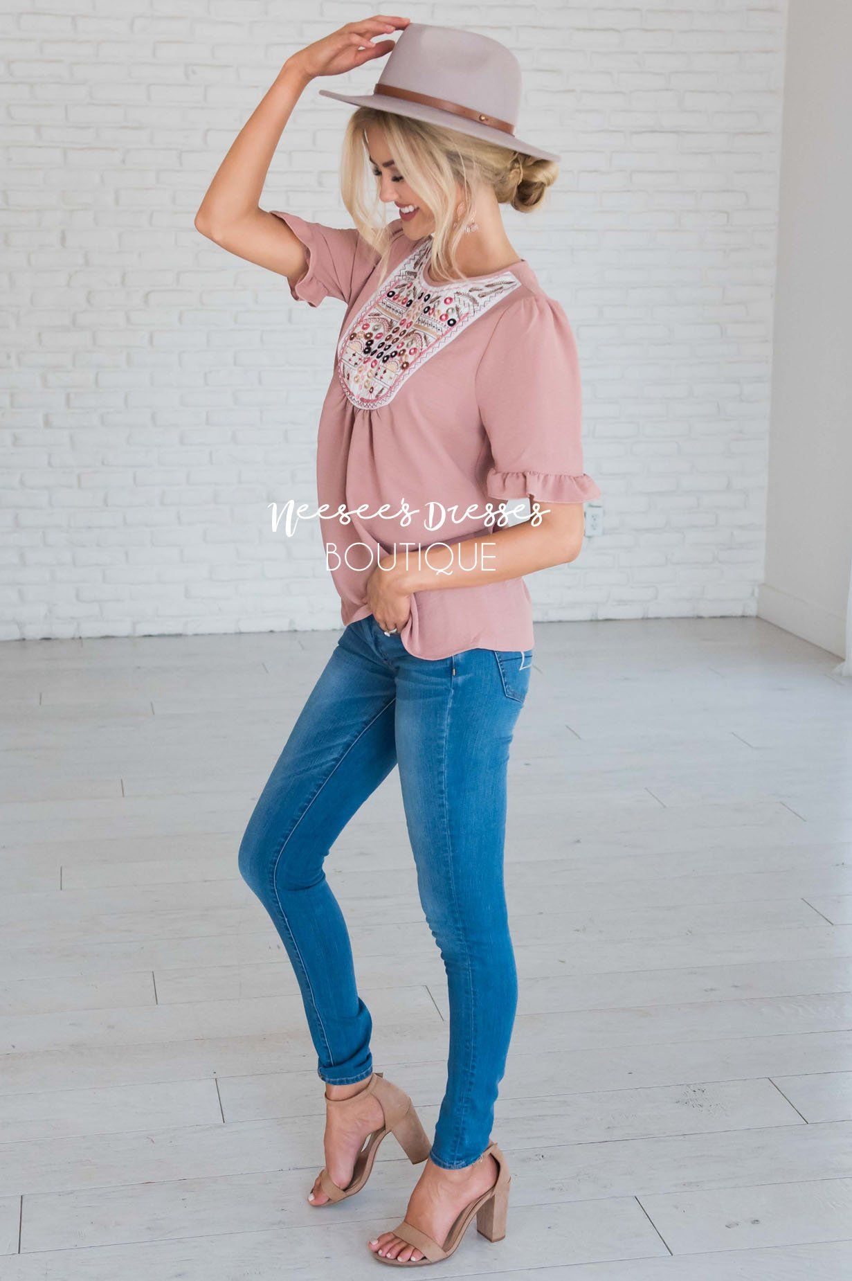 Let's Be Happy Embroidered Top Modest Dresses vendor-unknown