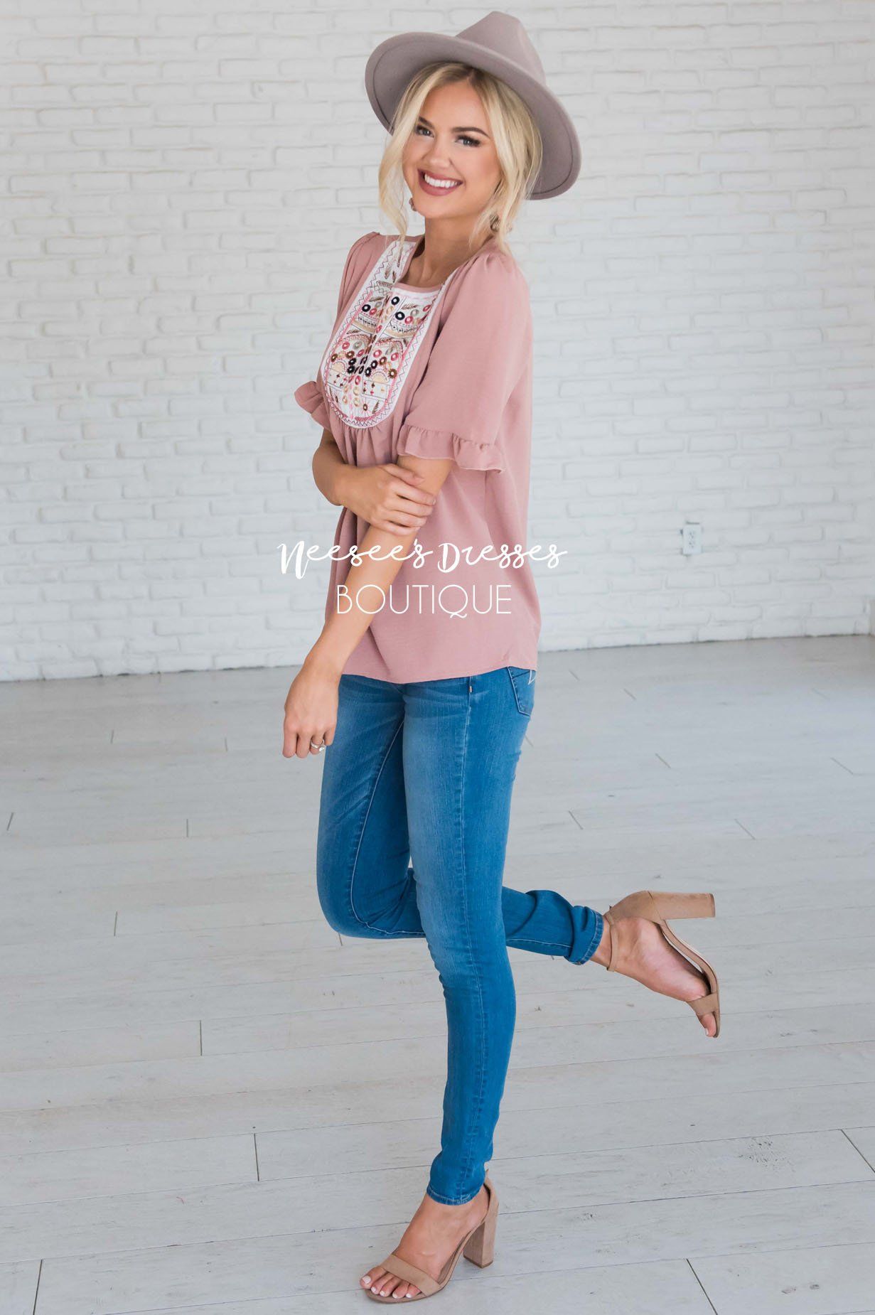 Let's Be Happy Embroidered Top Modest Dresses vendor-unknown