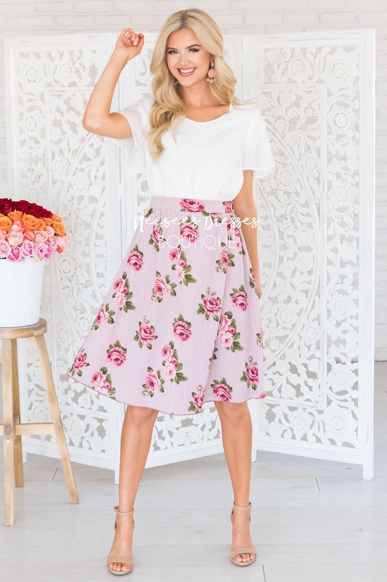 Pretty Pink Striped Floral Skirt Skirts vendor-unknown