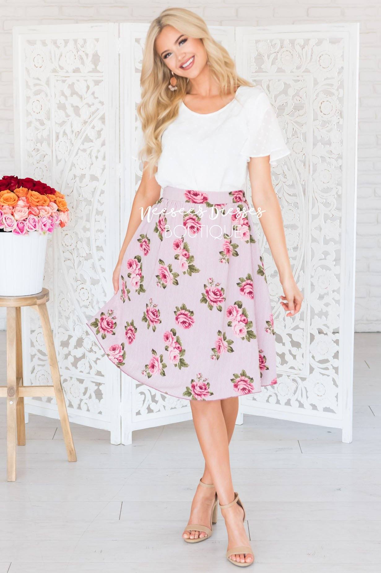 Pretty Pink Striped Floral Skirt Skirts vendor-unknown