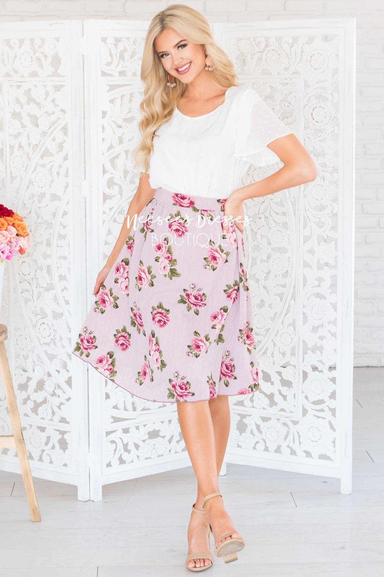 Pretty Pink Striped Floral Skirt Skirts vendor-unknown
