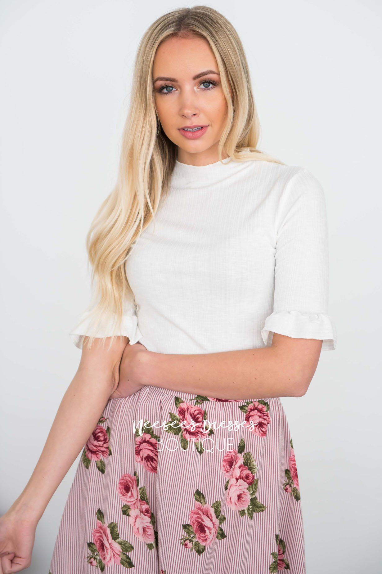 Ribbed High Neck Bell Sleeve Top Tops vendor-unknown