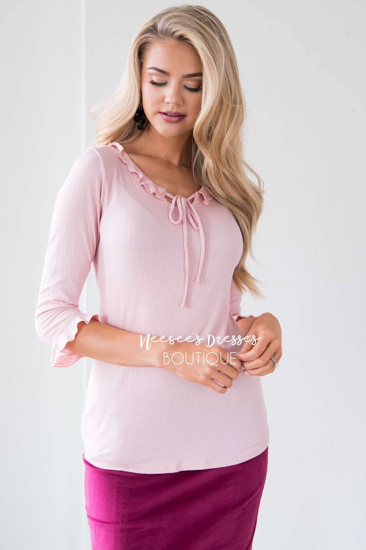 Ruffle Tie Neck Bell Sleeve Top Tops vendor-unknown