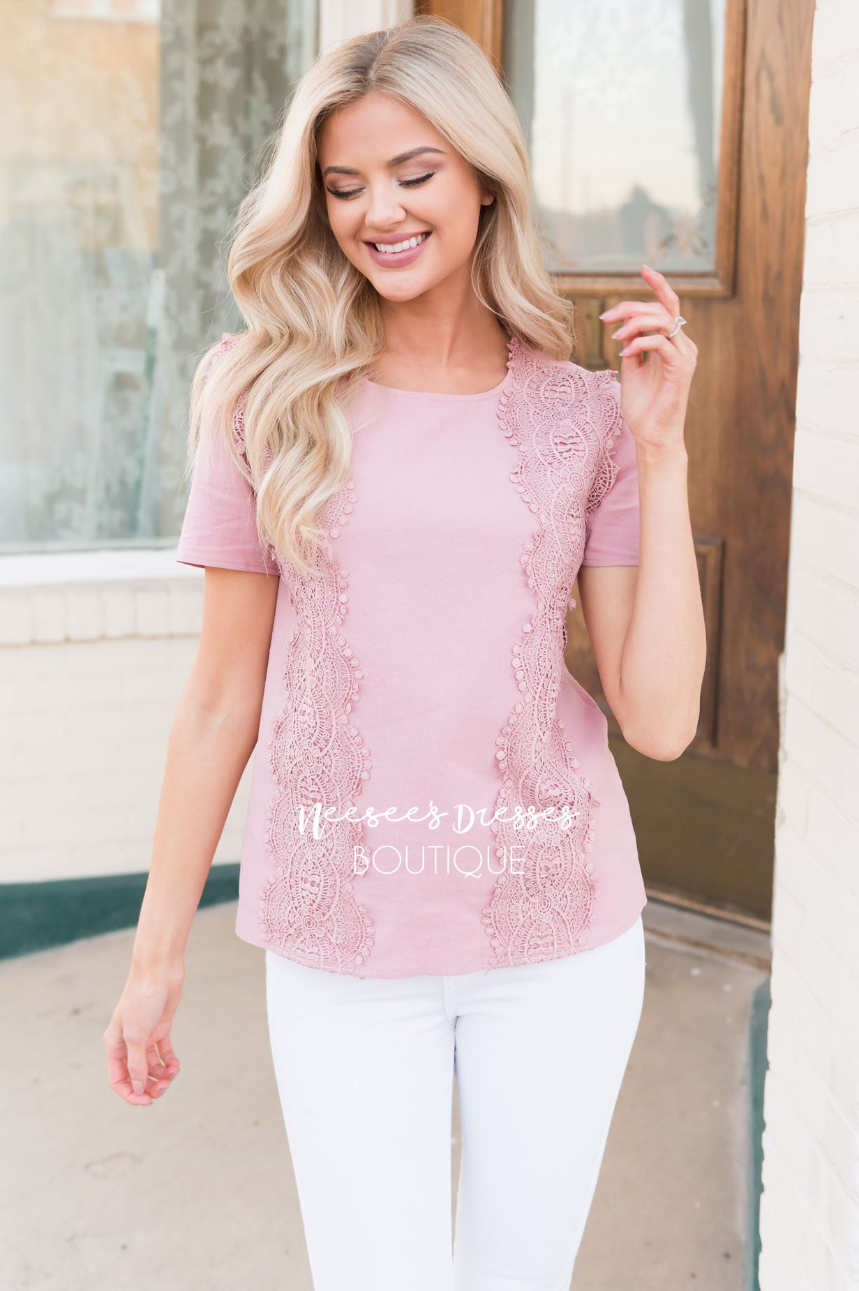 Darling Crochet Detail Modest Blouse Tops vendor-unknown