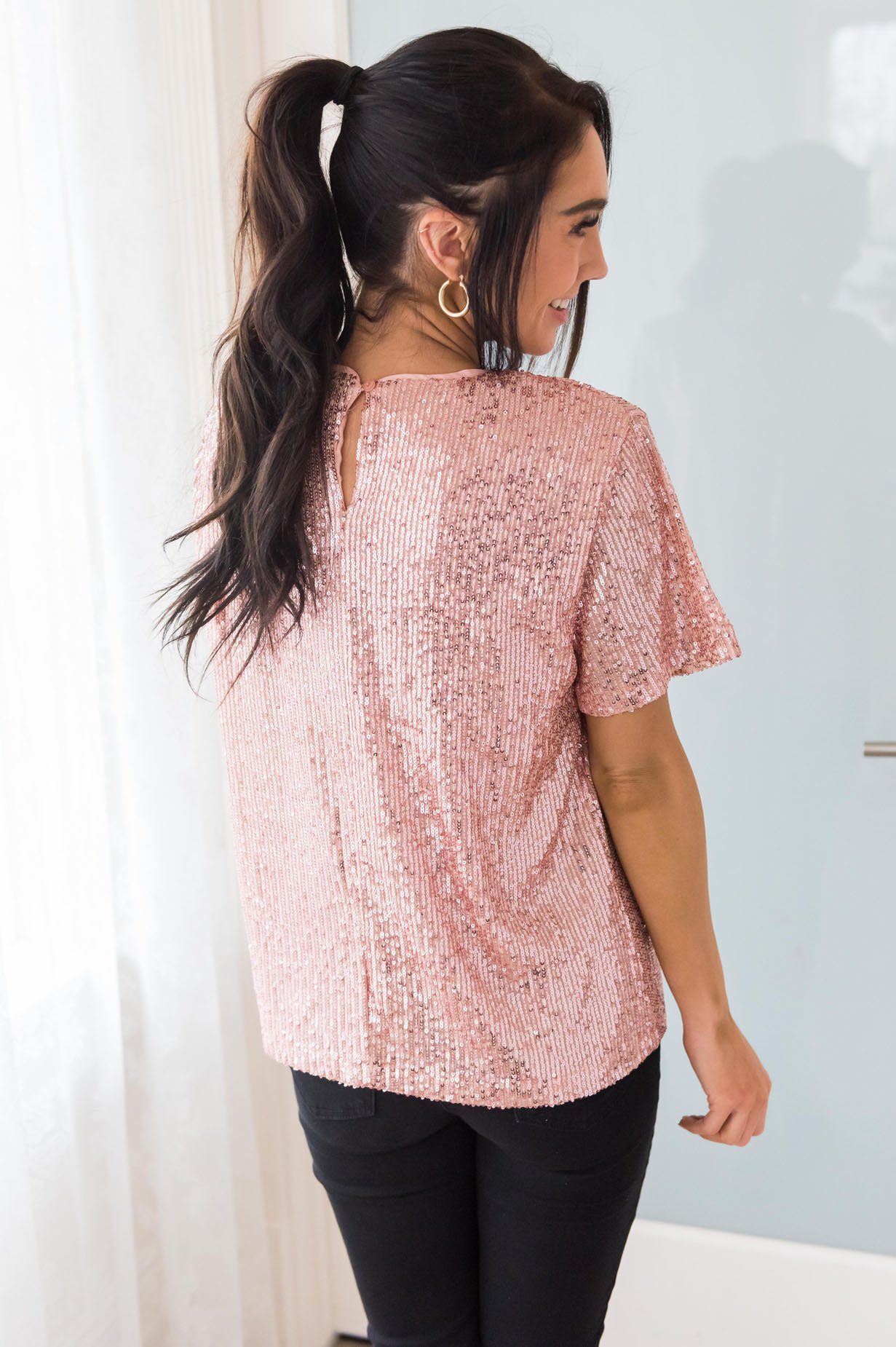 Love Actually Modest Sequin Blouse Tops vendor-unknown