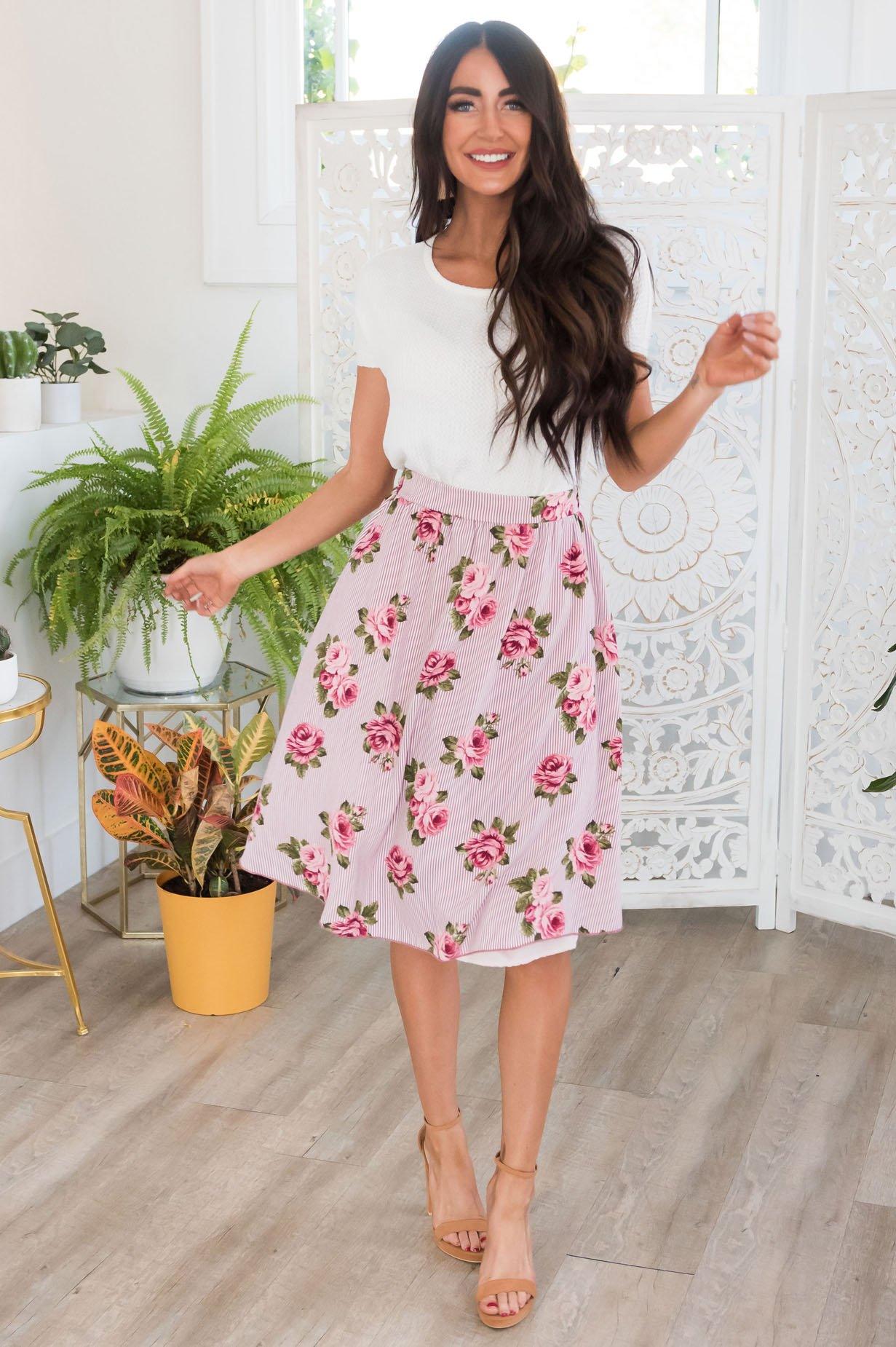 Pretty Pink Striped Floral Skirt Skirts vendor-unknown