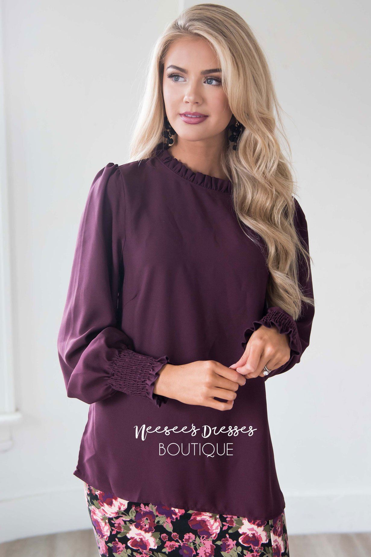 Plum Ruffle Neck Smocked Wrist Blouse Tops vendor-unknown