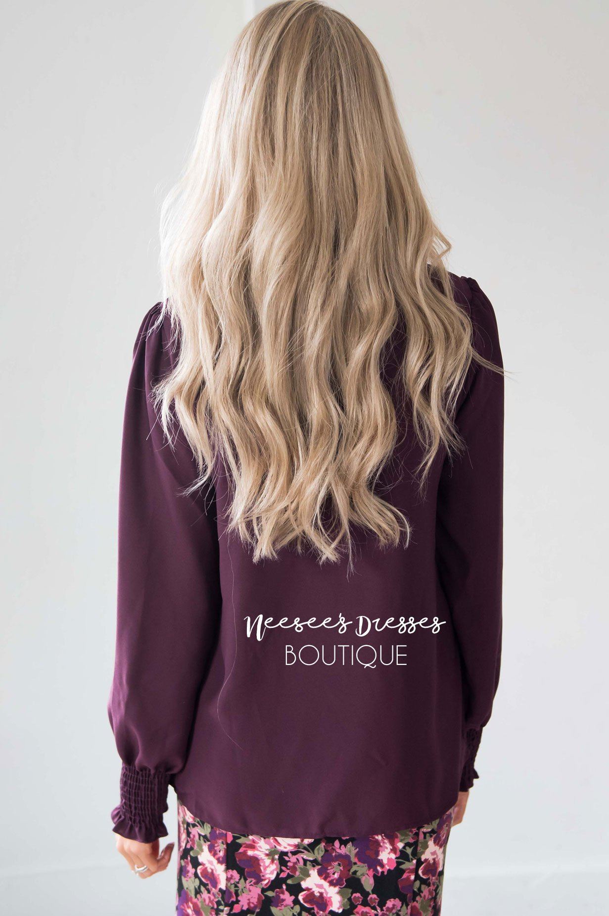 Plum Ruffle Neck Smocked Wrist Blouse Tops vendor-unknown