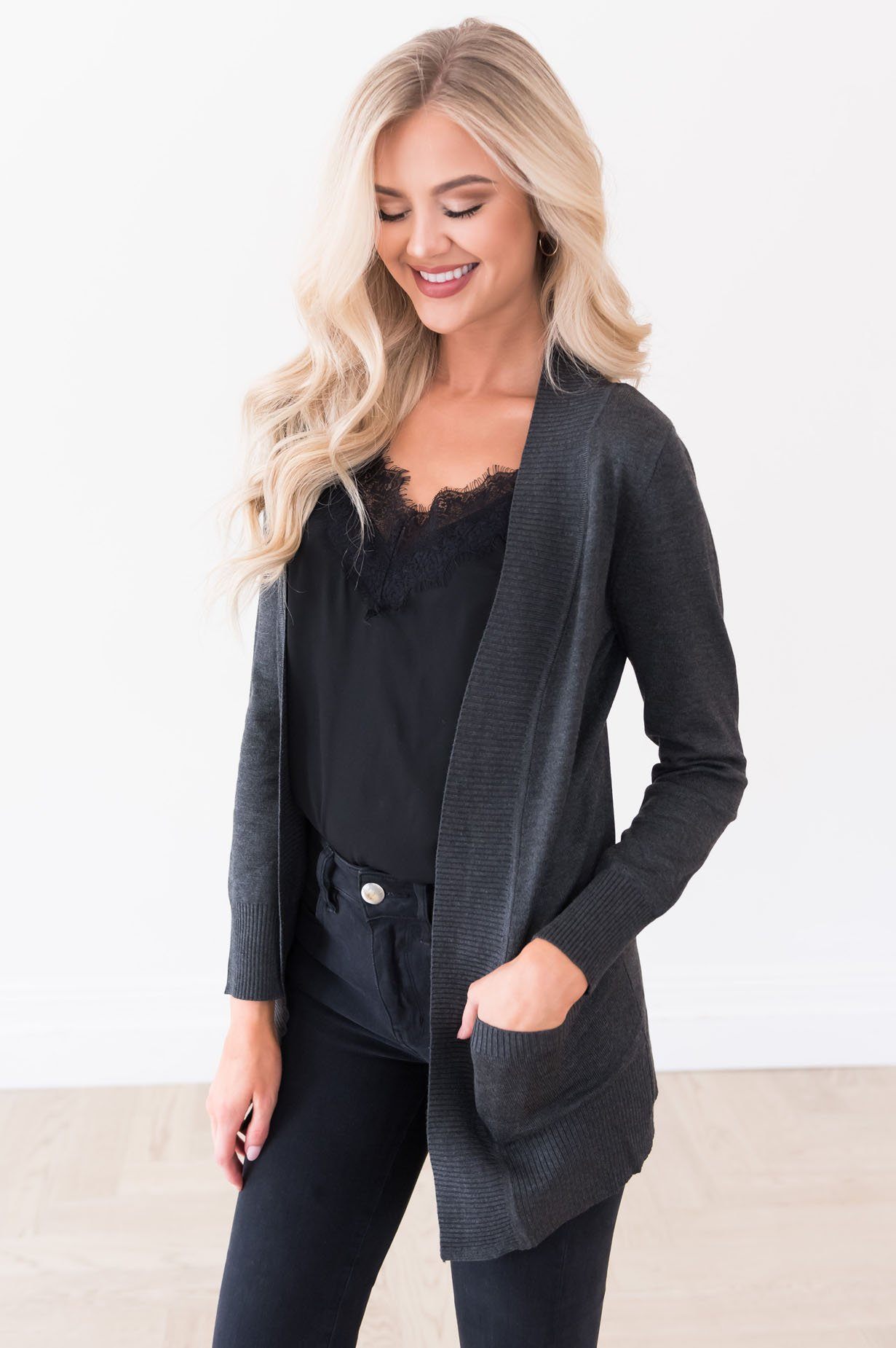 Long Distance Modest Pocket Cardigan Tops vendor-unknown