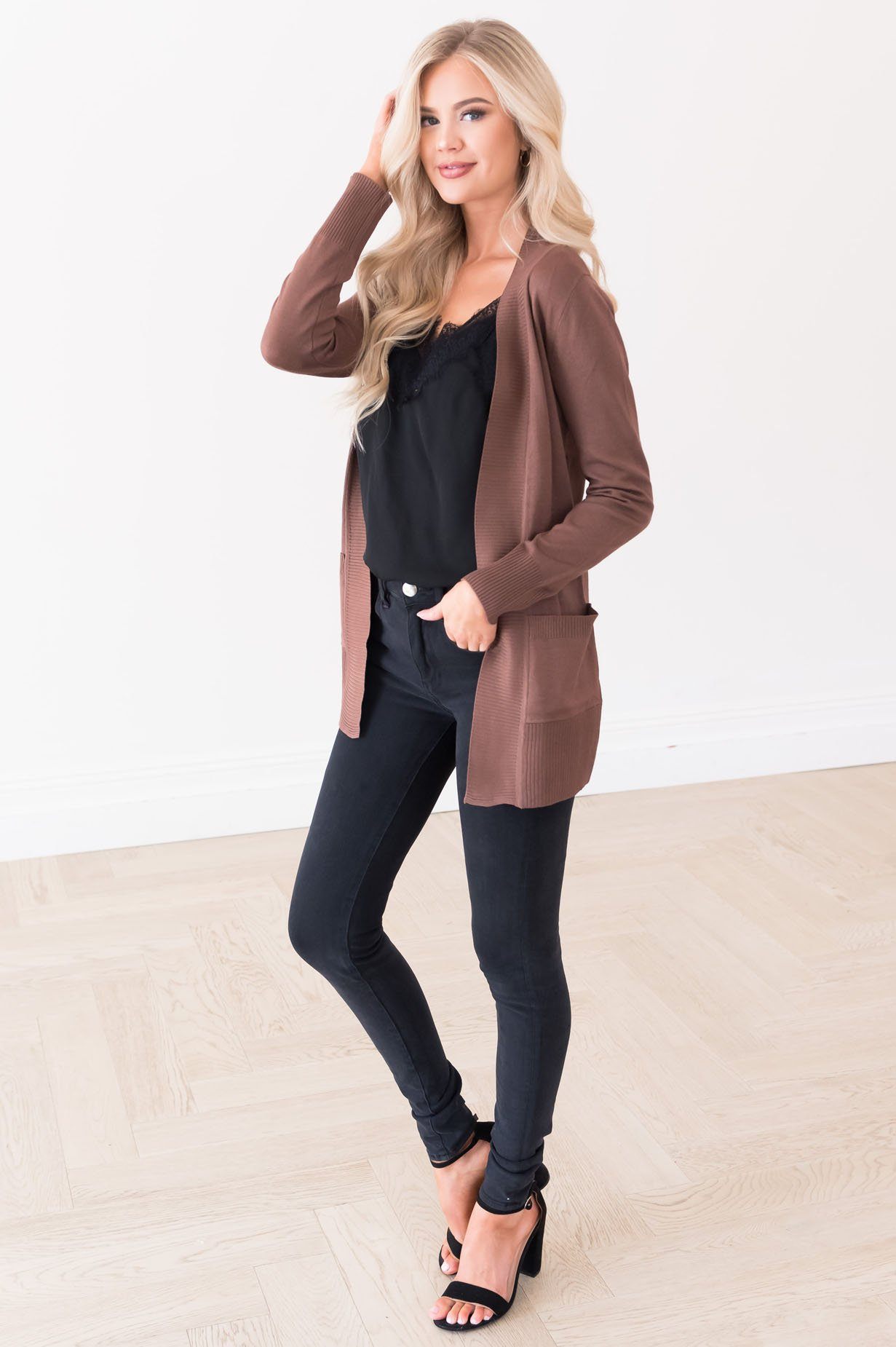Long Distance Modest Pocket Cardigan Tops vendor-unknown