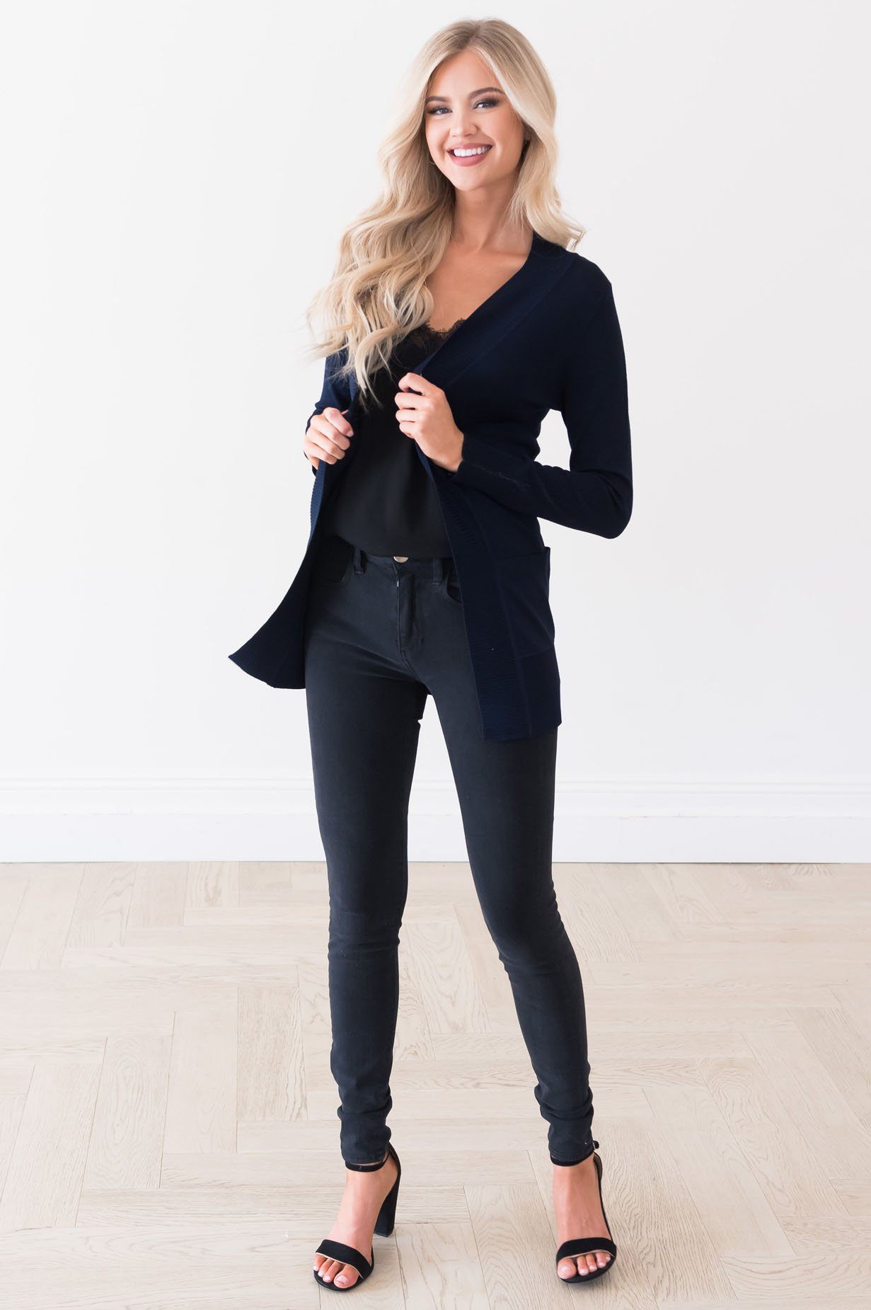 Long Distance Modest Pocket Cardigan Tops vendor-unknown