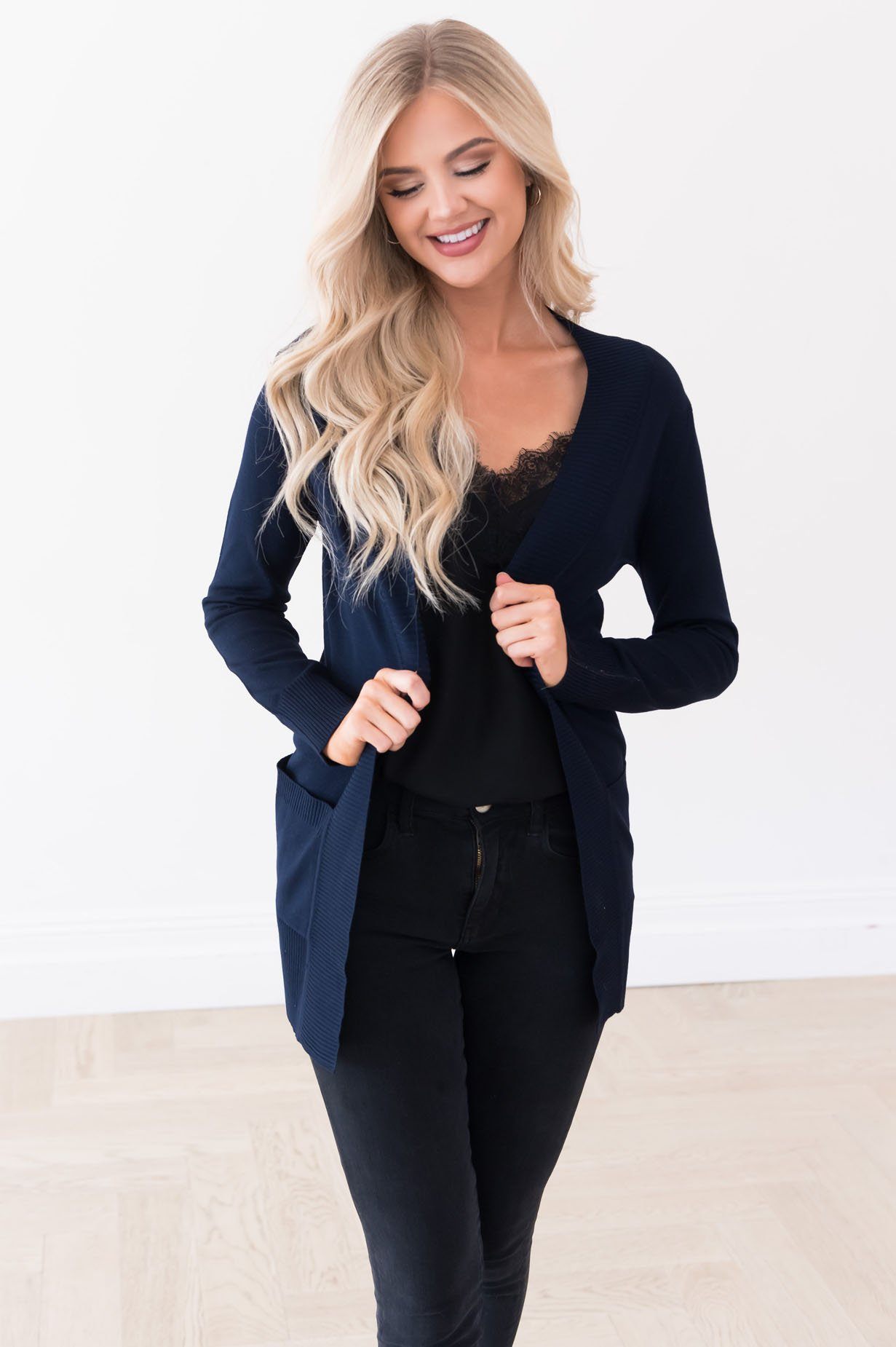 Long Distance Modest Pocket Cardigan Tops vendor-unknown