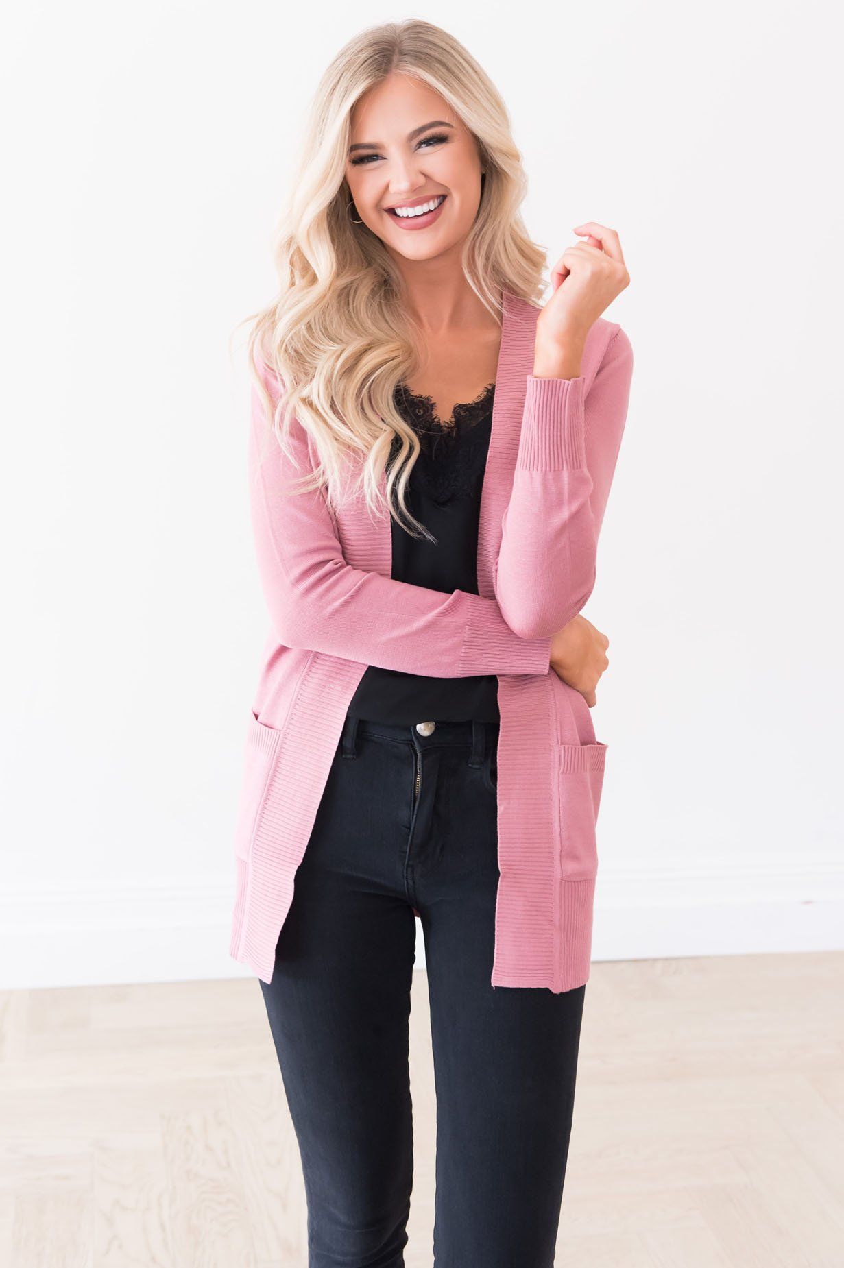 Long Distance Modest Pocket Cardigan Tops vendor-unknown