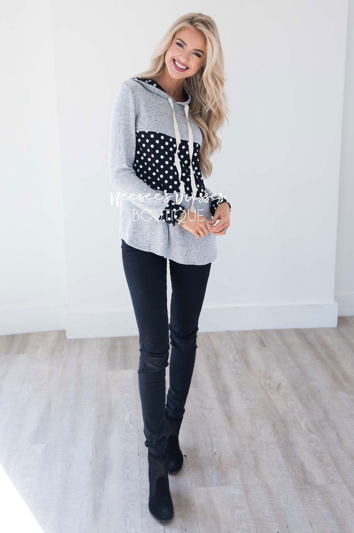 Soft Gray Hoodie with Black & White Polka Dots Tops vendor-unknown