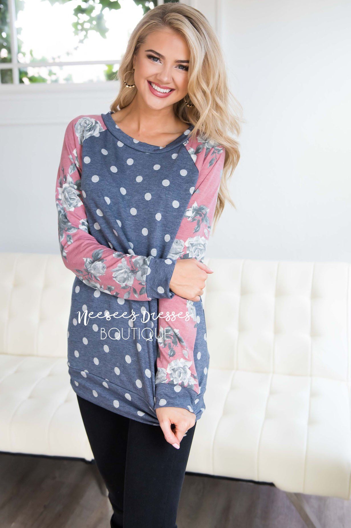 Floral Sleeve & Polka Dot Top Tops vendor-unknown