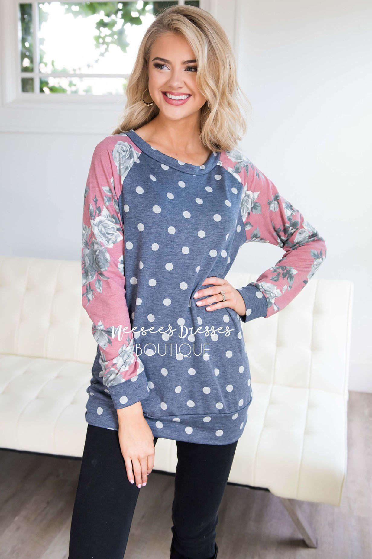 Floral Sleeve & Polka Dot Top Tops vendor-unknown