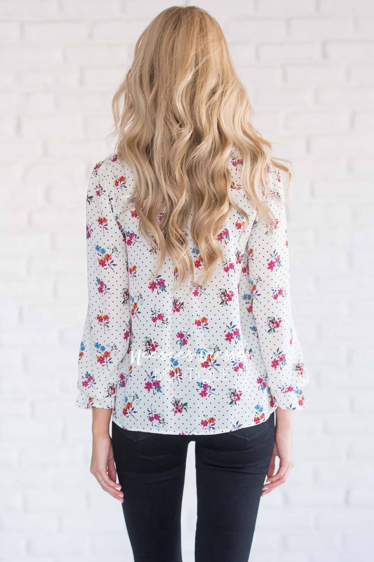 Ruffle Neck Polka Dot Floral Blouse Tops vendor-unknown