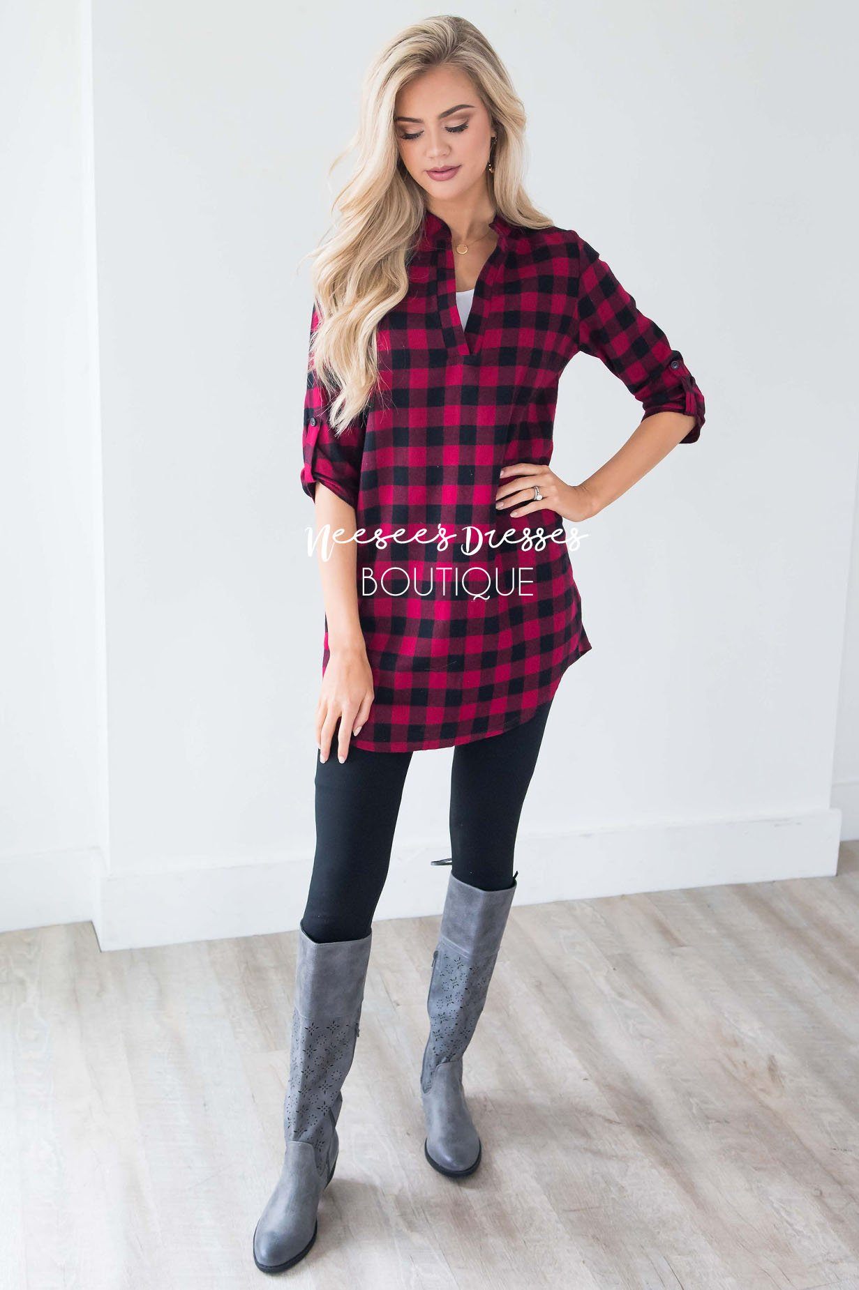 Cute in Plaid Flannel Tunic Tops vendor-unknown
