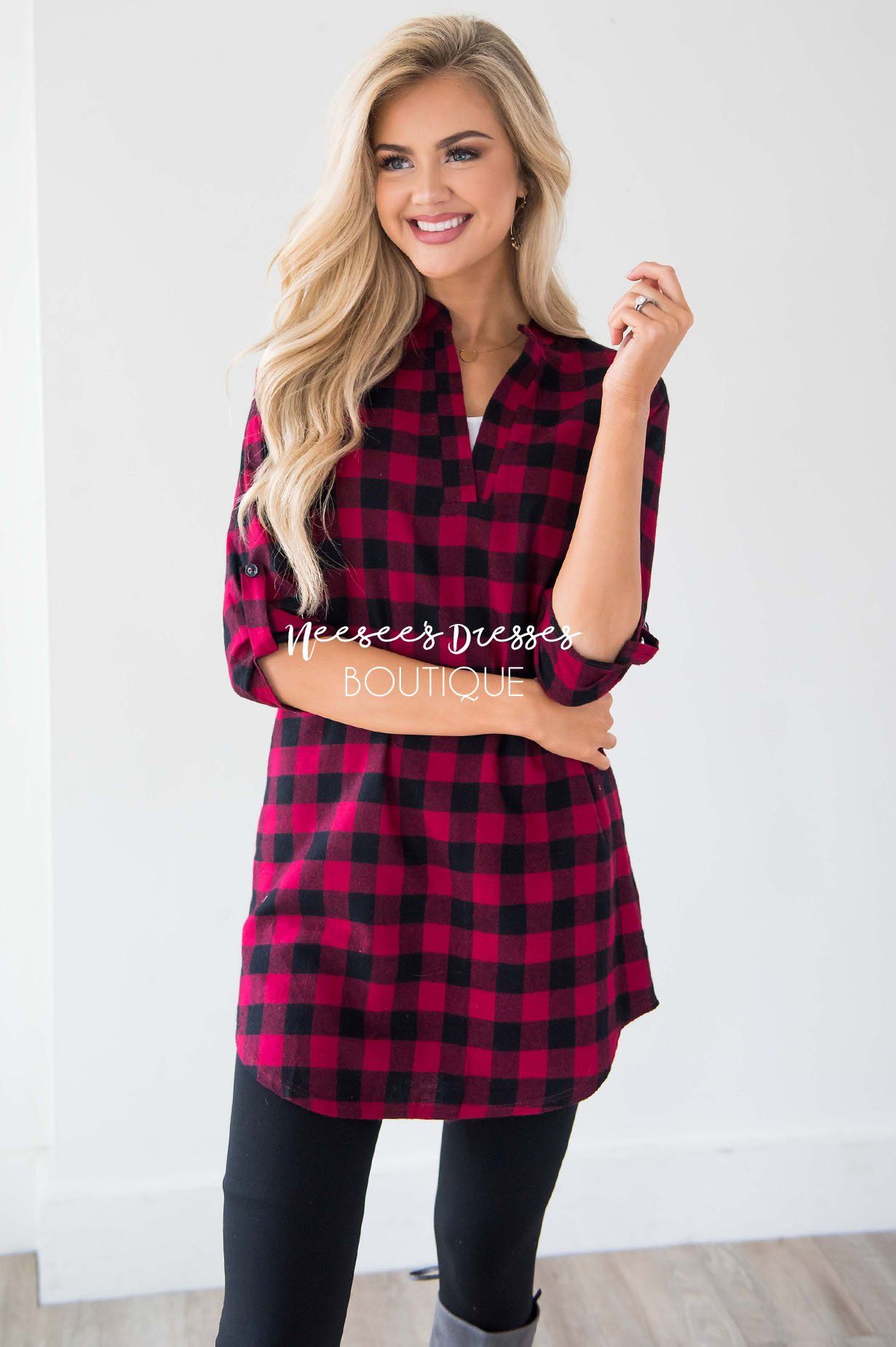 Cute in Plaid Flannel Tunic Tops vendor-unknown