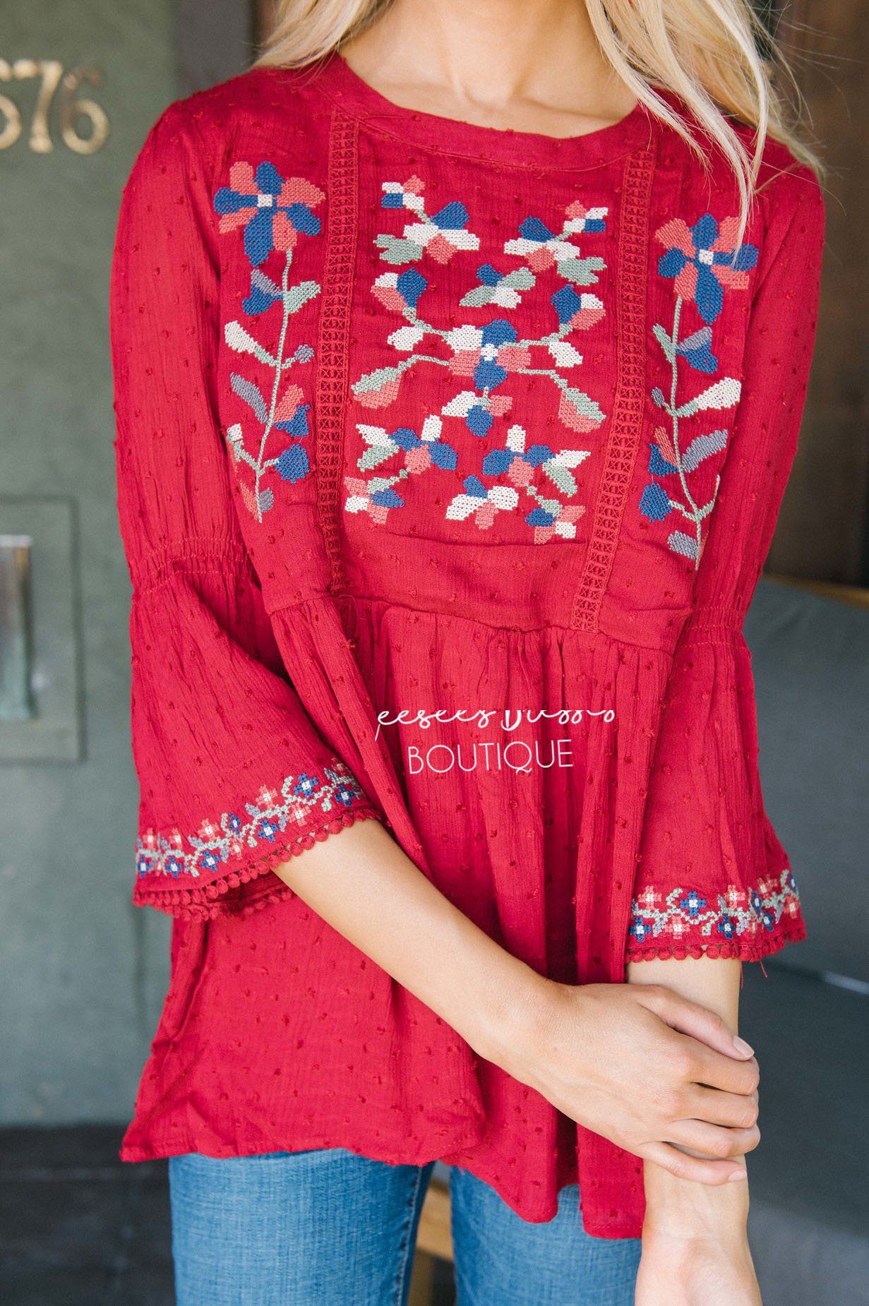 Vivid Fall Embroidered Peplum Top Tops vendor-unknown