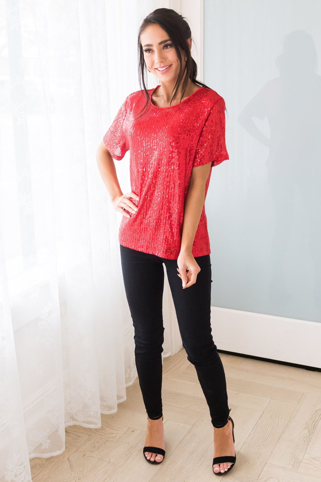 Love Actually Modest Sequin Blouse Tops vendor-unknown