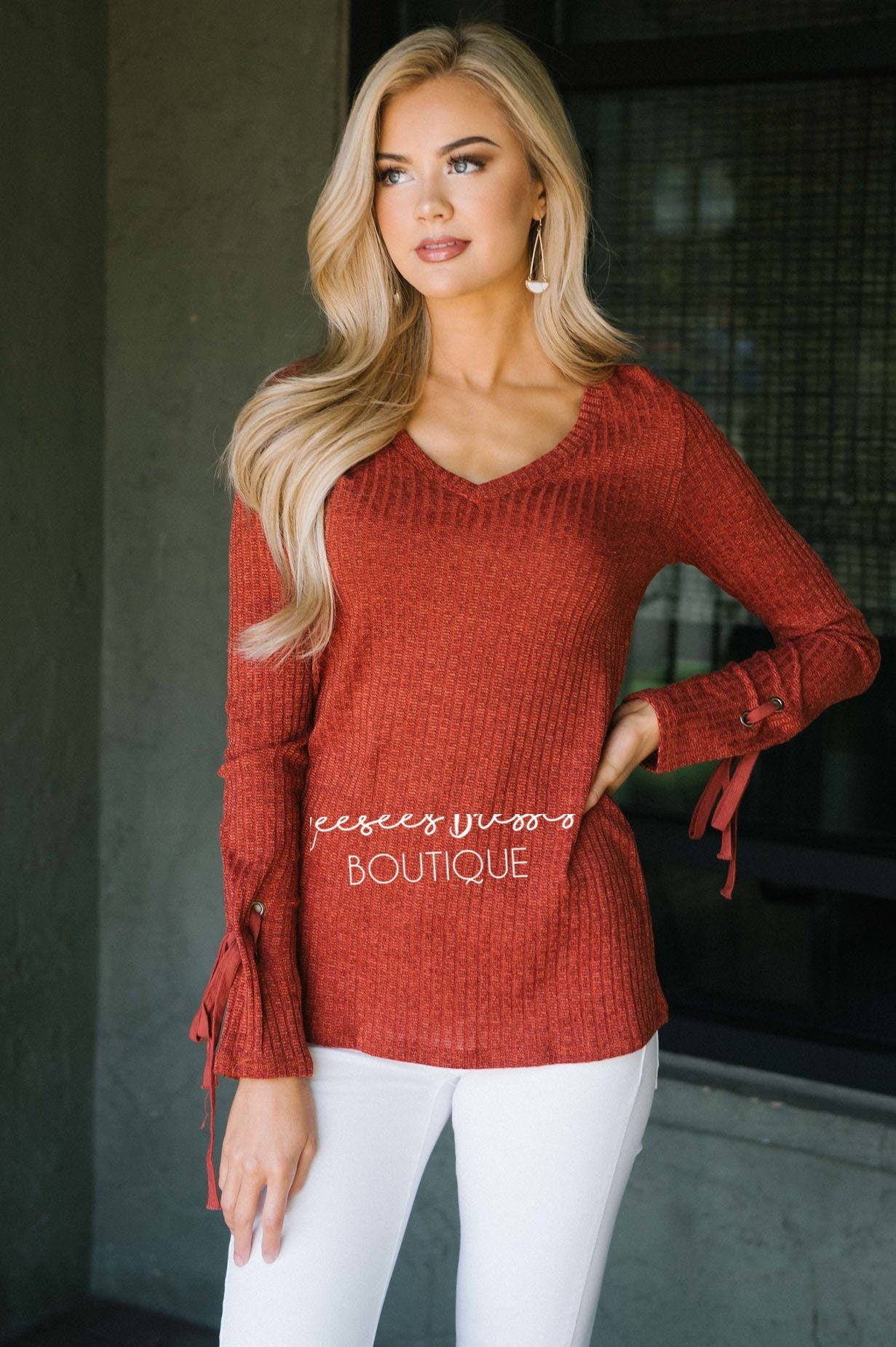 Fall Leaves Thermal Tie Sleeve Sweater Tops vendor-unknown