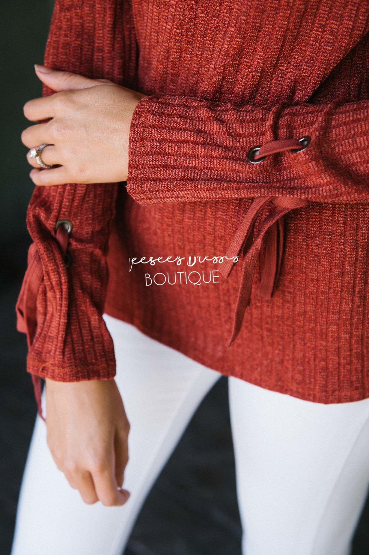 Fall Leaves Thermal Tie Sleeve Sweater Tops vendor-unknown