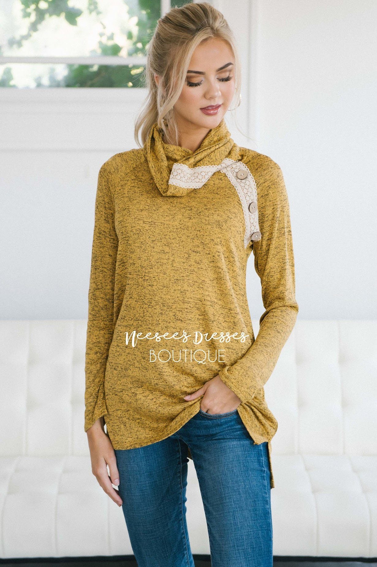 Lace & Buttons Cowl Neck Sweater Tops vendor-unknown