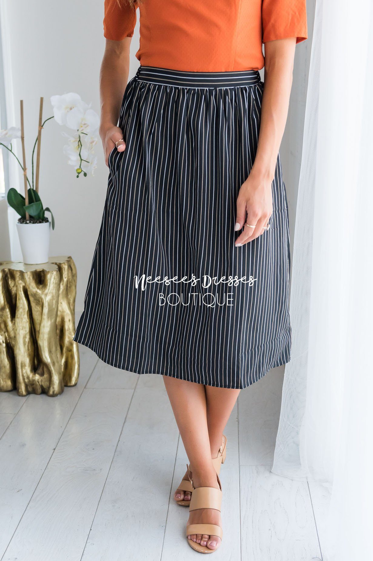 An Elegant Night Pinstripe Skirt Modest Dresses vendor-unknown