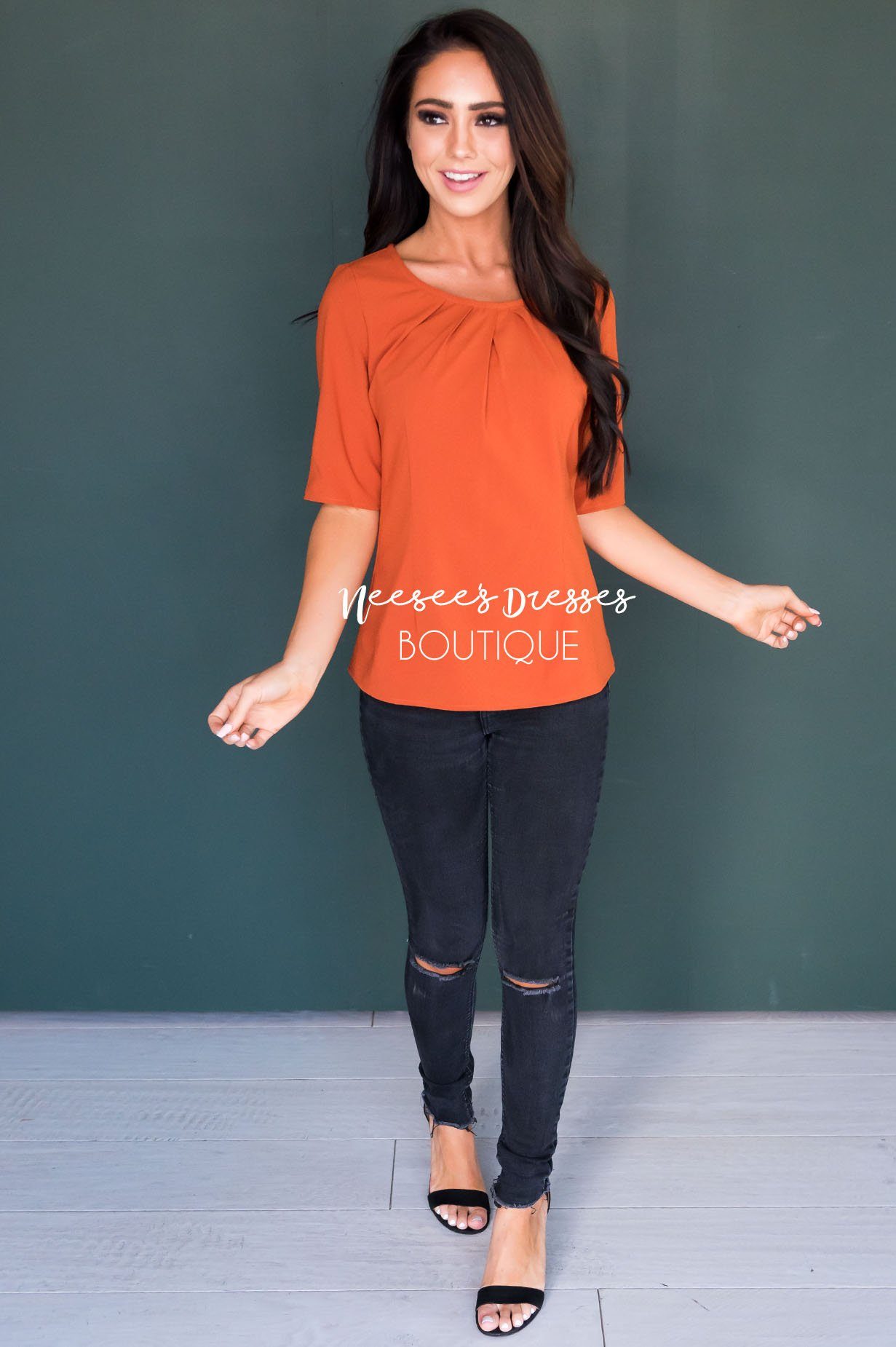 Rust Pleat Collar Modest Top Tops vendor-unknown