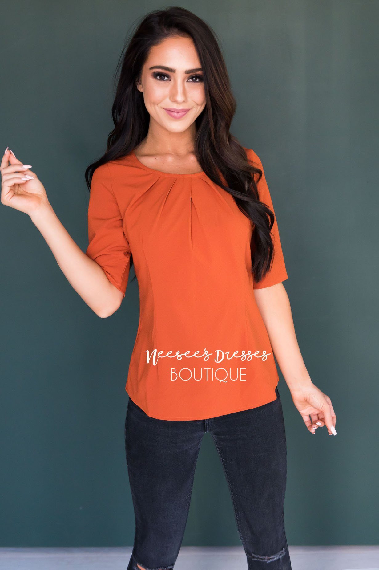 Rust Pleat Collar Modest Top Tops vendor-unknown