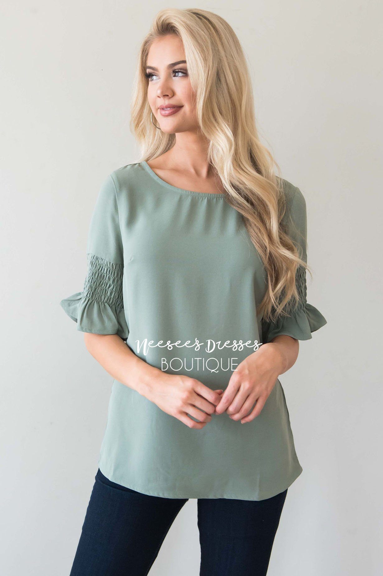 Something New Gathered Sleeve Top Modest Dresses vendor-unknown