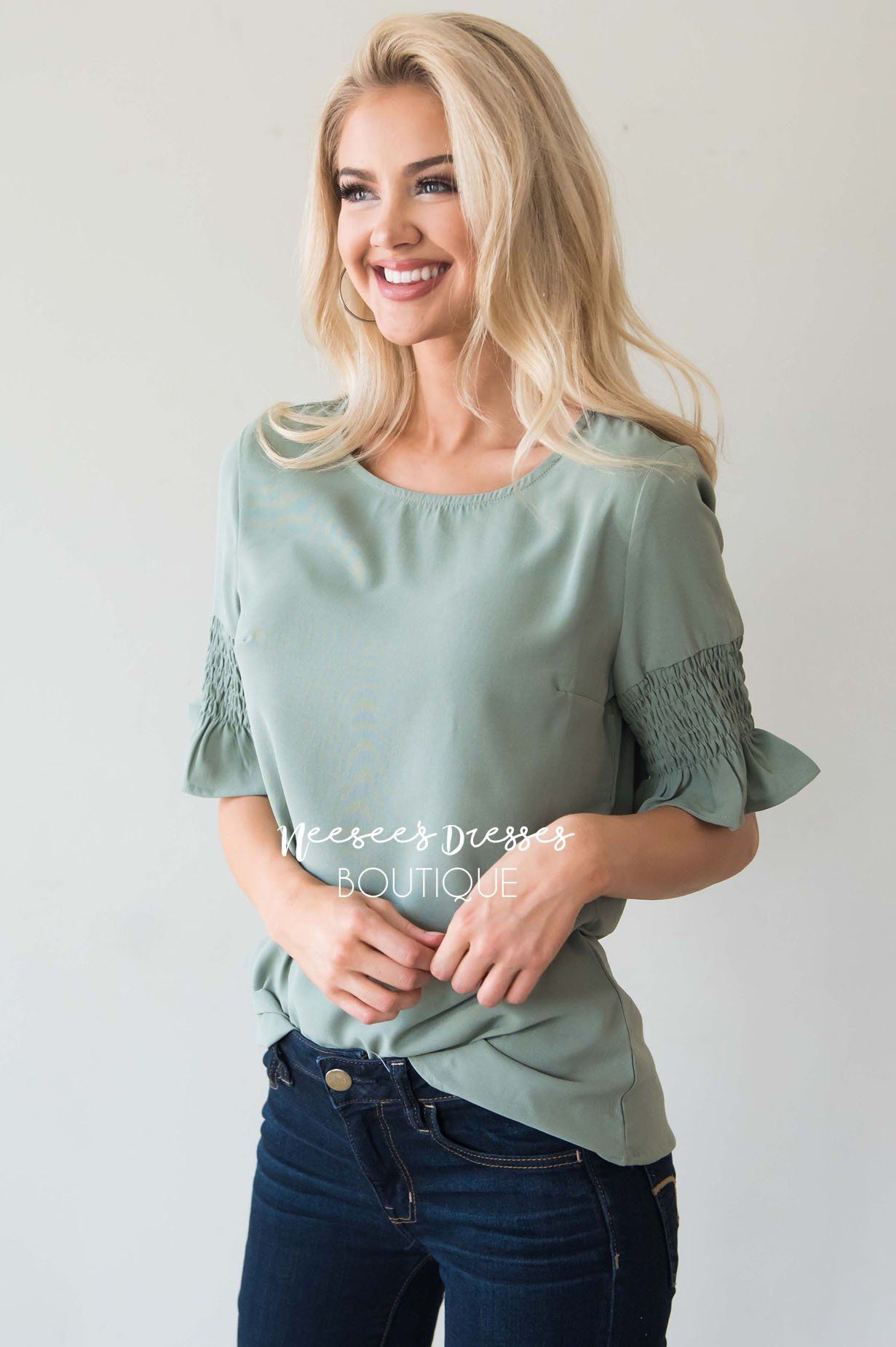 Something New Gathered Sleeve Top Modest Dresses vendor-unknown