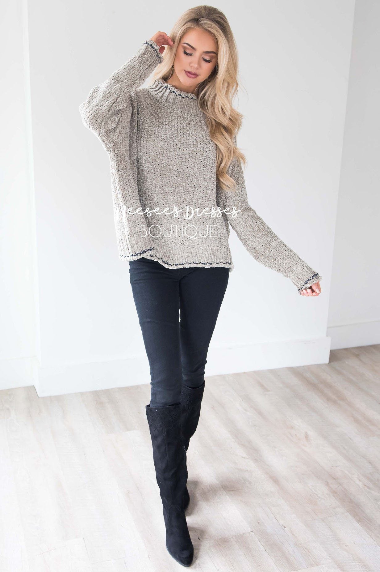 Soft Chenille Contrast Stitch Knit Sweater Tops vendor-unknown