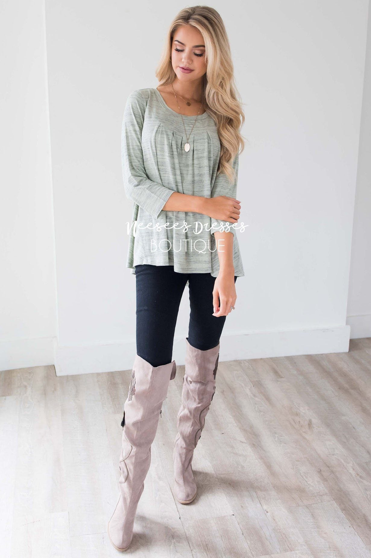 Heather Sage Pleated Detail Top Tops vendor-unknown